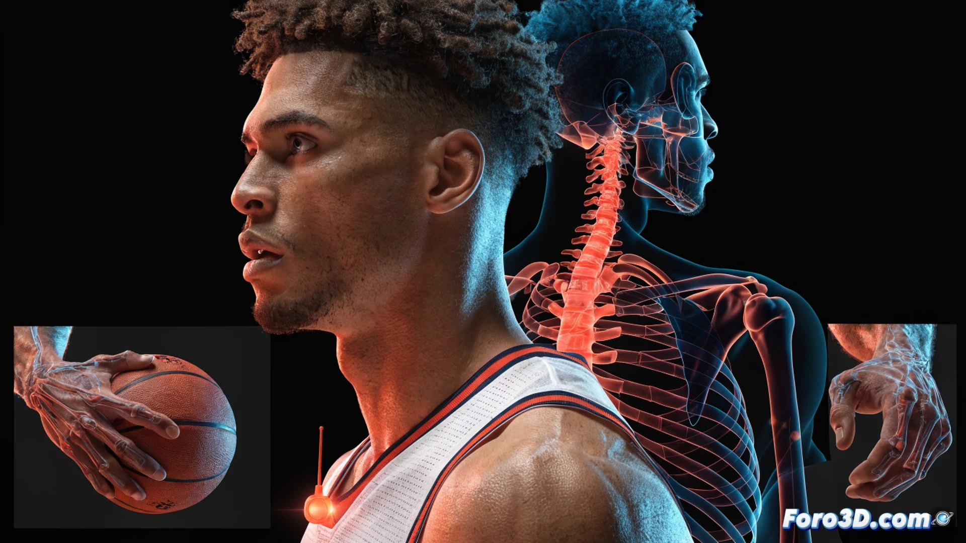 basketball player Scottie Barnes mid-air reaching for a rebound, transparent 3D wireframe skeleton overlay revealing 2.13m wingspan and structural bone density, one hand gripping ball with exaggerated butcher-like hand detail, GPS tracking dots on his jersey showing movement heatmap, CAD-style geometric lines highlighting his frame, technical engineering visualization, dark gym background, blue and orange holographic data streams, photorealistic render
