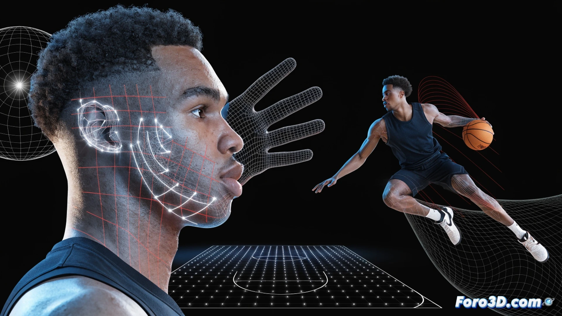 Scottie Barnes mid-stride during a fast break, three-point arc visible, defensive player sliding laterally, his long wingspan outstretched while his eyes scan the court, a translucent 3D skeletal wireframe overlay highlighting his shoulder width and arm length, basketball spinning near his fingertips, hardwood court reflections, technical sports biomechanics visualization, motion capture dots on his jersey, cold arena lighting, photorealistic athletic render