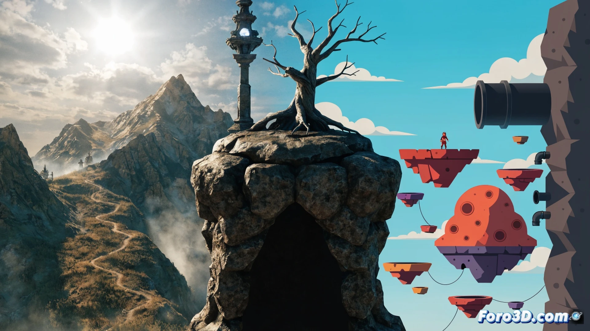 two connected displays showing the same scene from different angles, a glowing 3D dungeon rendered on the left screen while a pixel-art 2D map of the same dungeon appears on a handheld console on the right screen, a character walking from the 3D world into the 2D console screen, seamless visual transition between perspectives, Unity development environment visible in the background with Maya and Photoshop icons, cinematic technical illustration style, dark moody lighting with neon blue highlights, photorealistic textures on the 3D side, retro pixel grid on the 2D side, dual-rendering pipeline visualized as glowing wireframe lines connecting both screens, ultra-detailed hardware components, dramatic contrast between dimensional layers