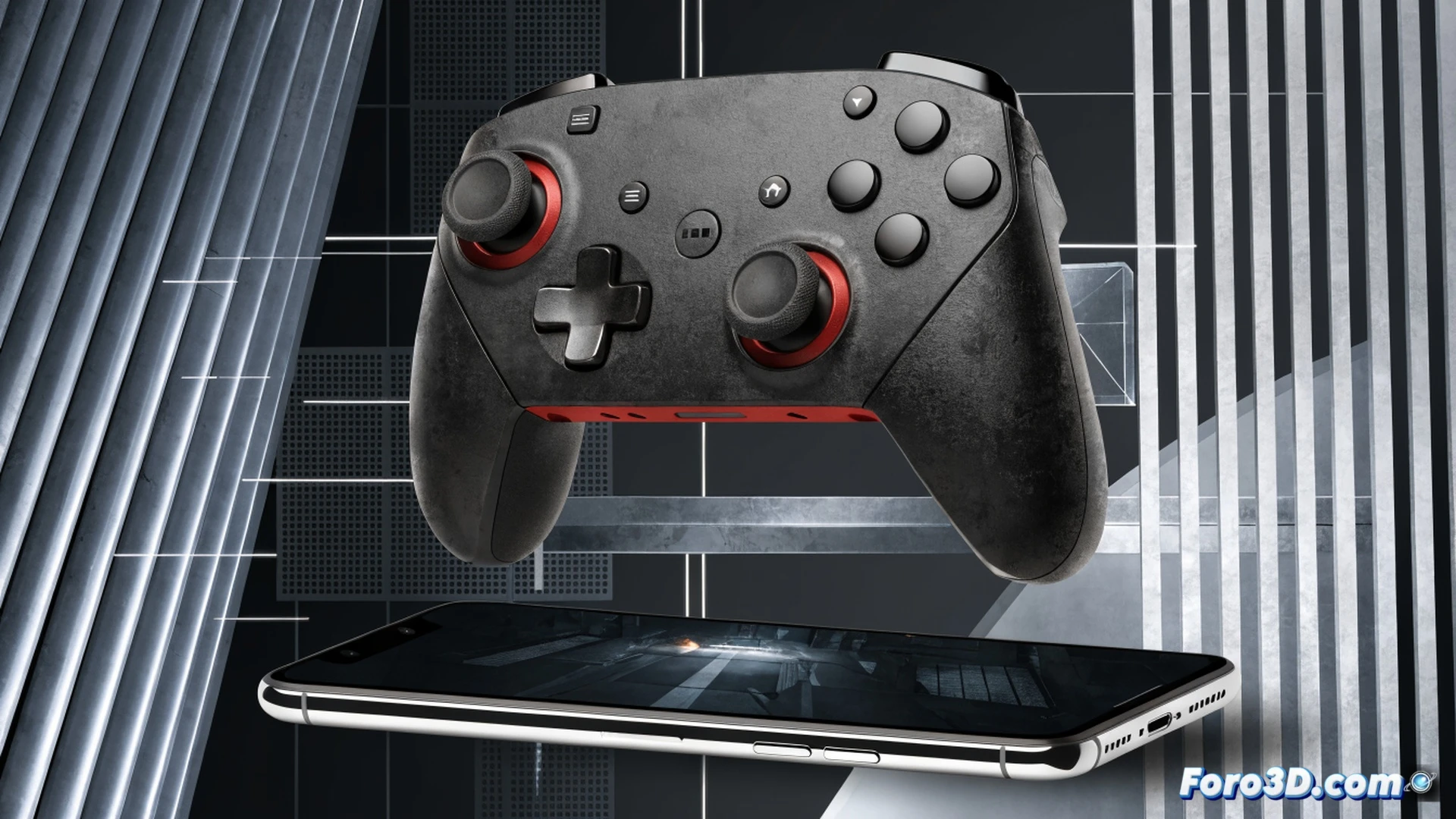 gamer sujetando el mando Scuf Nomad con agarre ergonómico mientras sus pulgares presionan los botones traseros programables, smartphone montado en el clip central mostrando la interfaz de Call of Duty Mobile con mira apuntando a un enemigo, dedos deslizándose sobre los sticks analógicos con respuesta táctil, fondo oscuro con reflejos de luz azul sobre el chasis de polímero texturizado, cables USB-C desconectados en primer plano, estilo cinematográfico fotorrealista, iluminación dramática de estudio, detalles de ingeniería en los gatillos y palancas, acción de juego competitivo en curso, profundidad de campo reducida