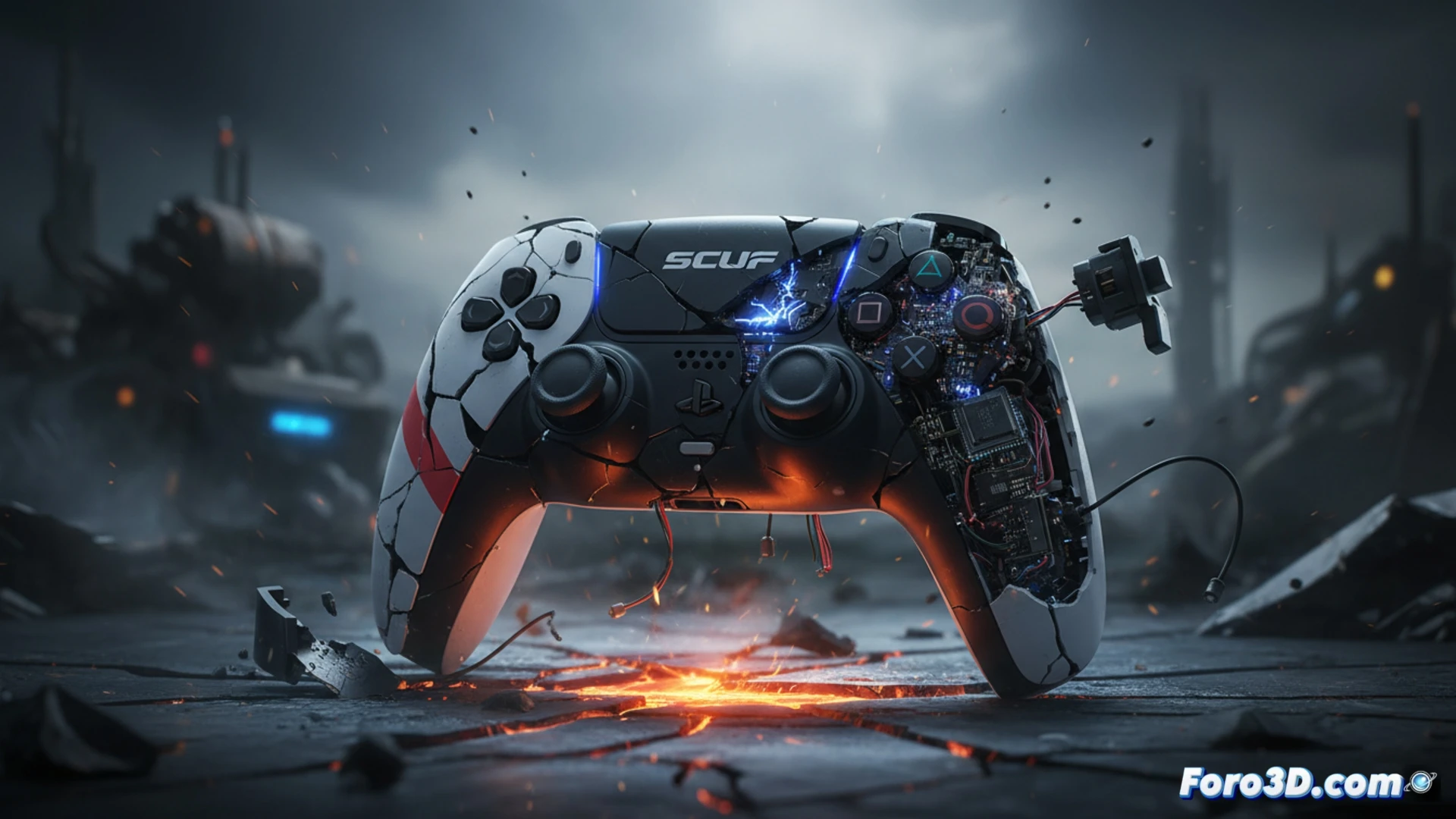 close-up of a Scuf Omega controller shell cracking along the side grip, polymer stress fractures visible under intense studio lighting, one trigger mechanism partially detached with a broken internal spring exposed, user’s hand gripping the controller firmly causing accidental rear paddle activation, shattered plastic fragments on a dark workbench, technical engineering visualization style, metallic and matte black surfaces, macro lens depth of field, cold blue-white industrial light, ultra-detailed material wear and structural failure, photorealistic render