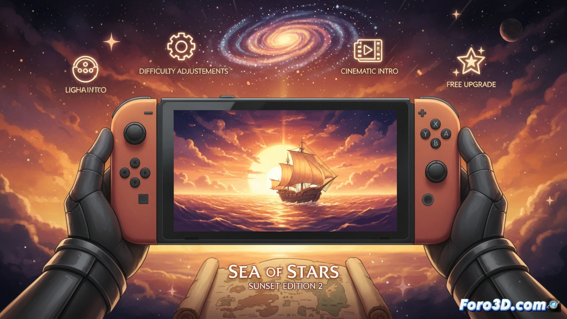 Nintendo Switch 2 console on a wooden table displaying a pixel-art RPG scene, old Switch cartridge transforming into a glowing Sunset Edition cartridge with cinematic film reel wrapping around it, difficulty sliders and gear icons floating beside the screen, a character wielding a sword mid-action against a glowing enemy, dramatic sunset lighting casting warm orange and purple hues across the scene, retro pixel style mixed with modern cinematic glow, technical illustration showing upgrade process, particles of light transitioning from old to new edition, photorealistic textures on hardware, soft lens flare, clear action moment during the transformation.