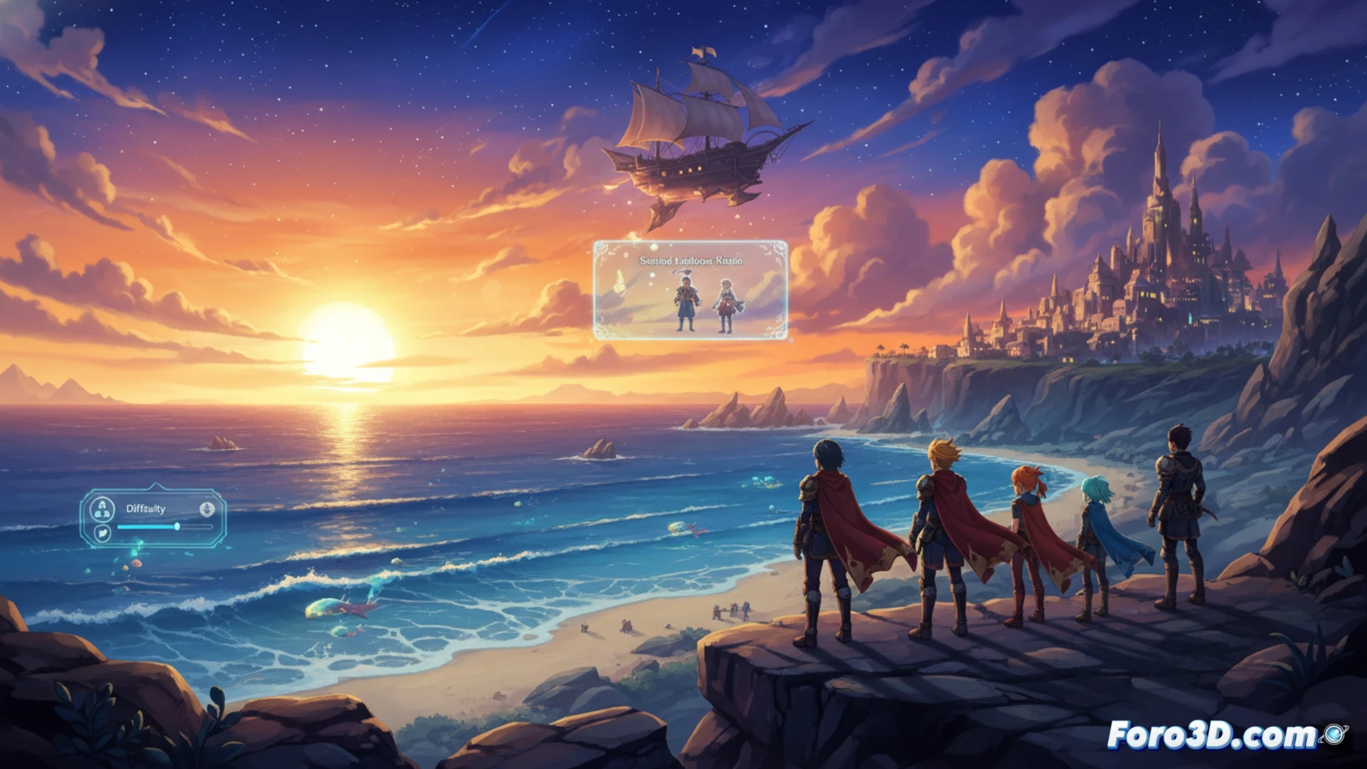 Nintendo Switch 2 console displaying Sea of Stars Sunset Edition update download screen, glowing download progress bar and patch icon over a pixel-art ocean background, a hand holding the console while a second screen shows save data transfer process between old Switch and new device, technical illustration style, bright cyan and orange interface highlights, holographic game cartridge floating nearby, detailed button textures, cinematic lighting reflecting off the glossy screen, action of updating and resuming gameplay, realistic hardware details with visible Joy-Con rail connectors, engineering visualization of digital data flow represented by soft particle streams