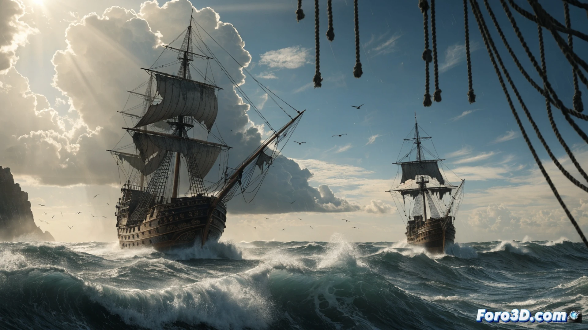 live-action pirate ship battle on stormy ocean, crew members firing cannons at a ghost ship, digital camera rig on boat deck capturing the action, cinematic photorealistic visualization, water splashing over wooden hull, cannonballs mid-air with smoke trails, glowing treasure chest on deck, dramatic lightning illuminating sails, realistic ocean foam and spray, high-contrast cinematic lighting, ultra-detailed ship textures, motion-blurred waves, technical filmmaking equipment visible on deck, dynamic composition
