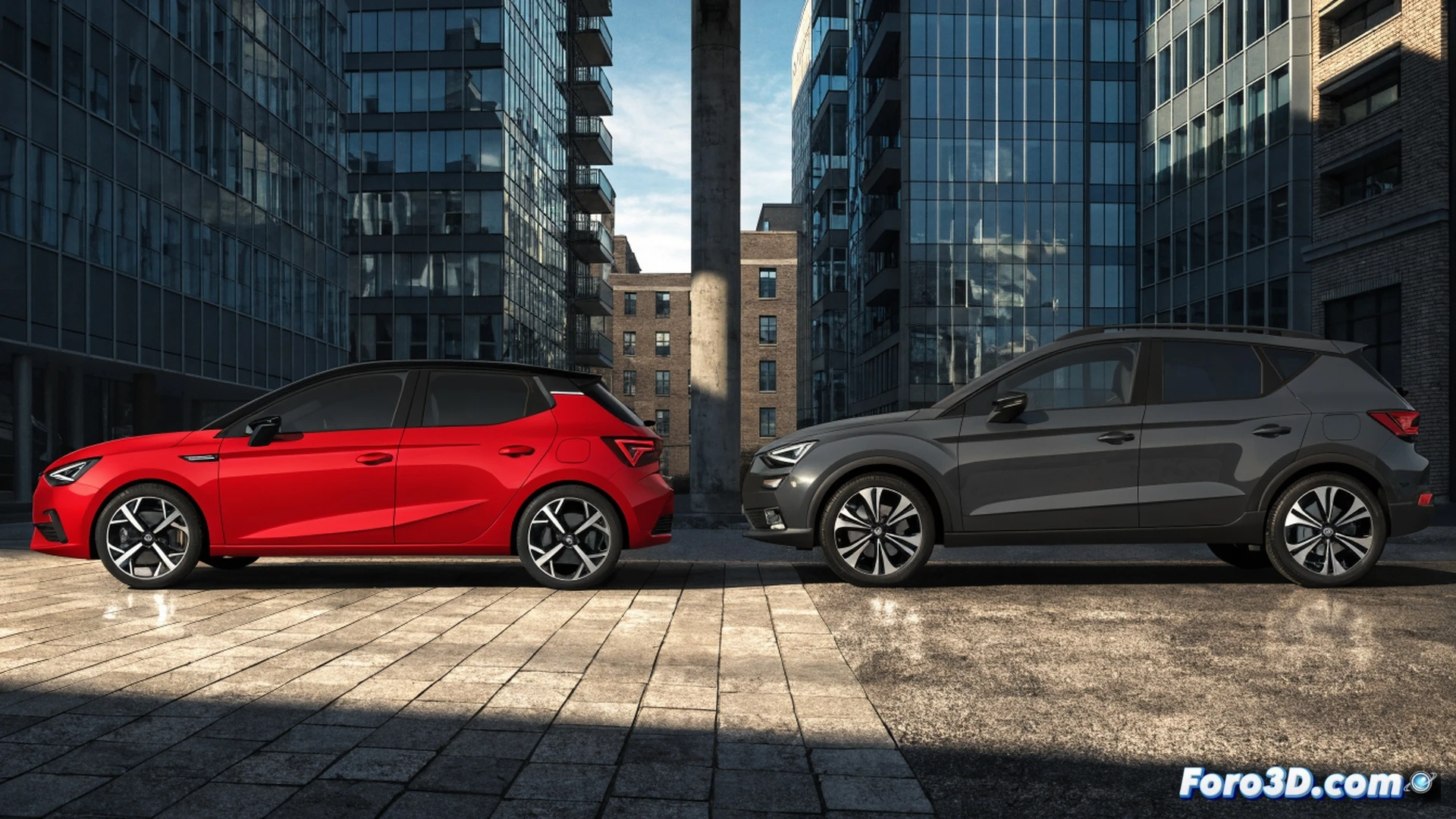 Two SEAT vehicles side by side in a bustling city street, Ibiza low and sleek on the left, Arona raised SUV on the right, a driver demonstrating ease of entry into the Arona while another driver struggles to exit the Ibiza, measuring tape stretched between their rooflines showing height difference, urban traffic visible behind, cinematic engineering visualization, golden hour sunlight casting long shadows, photorealistic technical illustration, clean metallic finishes, realistic reflections on asphalt, urban architectural background, detailed wheel arches and suspension components visible, dynamic composition emphasizing height contrast