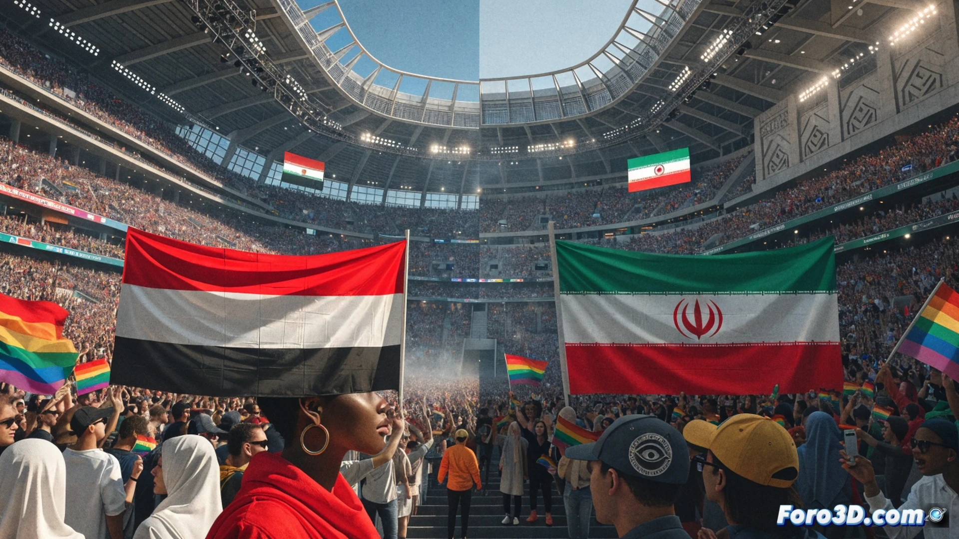 Estadio iluminado con banderas arcoíris ondeando sobre el campo de fútbol, dos jugadores de Egipto e Irán enfrentados durante un saque inicial, balón en el centro con textura de cuero desgastado, marcadores electrónicos apagados sin números visibles, público diverso con carteles de apoyo LGBTQ+, estilo cinematográfico photorealistic, iluminación dramática de atardecer, sombras alargadas sobre el césped, gradas con detalles arquitectónicos metálicos, cámara lenta capturando el momento de tensión entre los atletas, render técnico deportivo