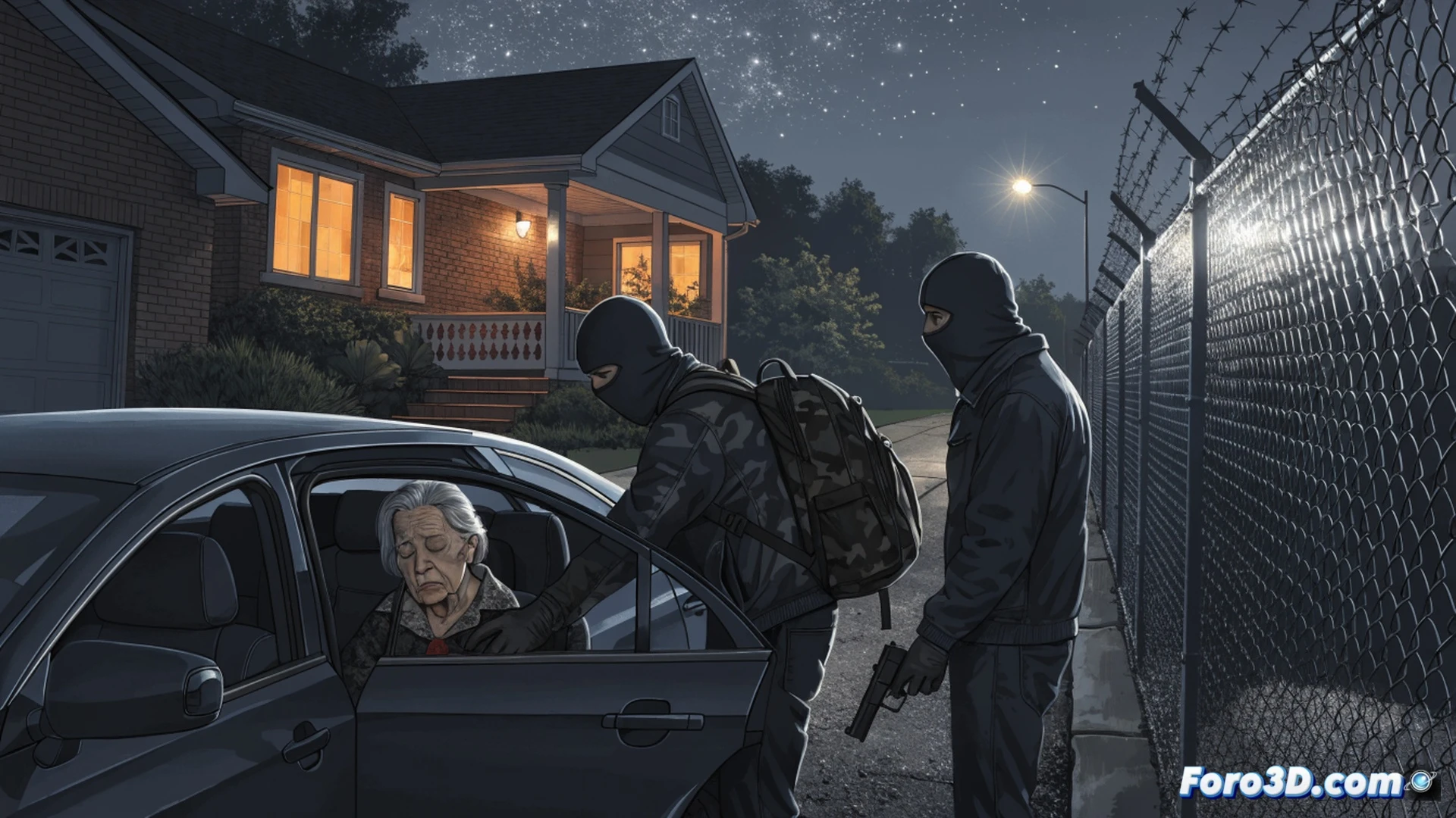 Cinematic scene of a forensic team analyzing a torn handwritten ransom note inside a dimly lit living room, magnifying glass over ink traces, fingerprint dusting powder on a wooden table, digital tablet displaying a missing person alert with GPS coordinates, FBI evidence markers on the floor near a broken window, ultraviolet flashlight illuminating hidden fibers on the windowsill, photorealistic technical illustration, dramatic shadows, high-contrast lighting, detailed texture of paper and dust particles, tense investigative atmosphere