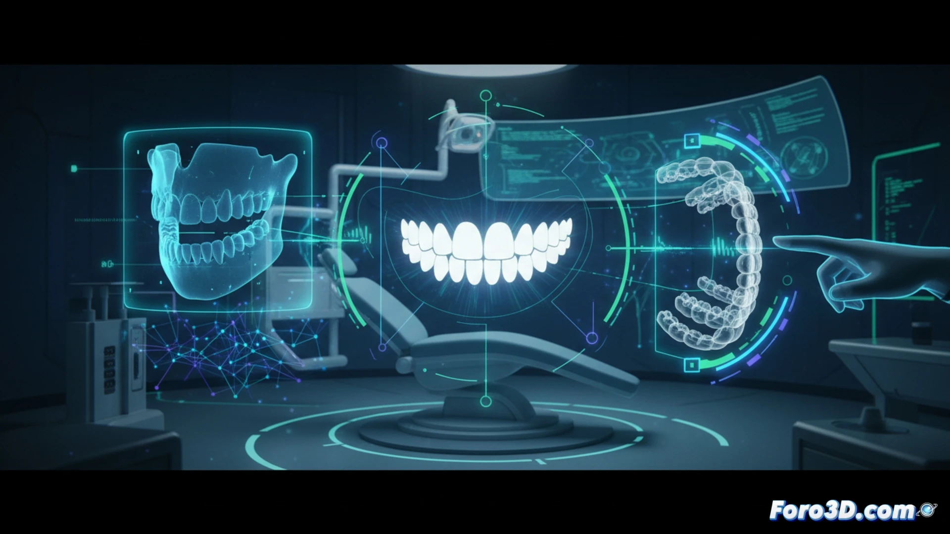 Odontólogo manipulando un escáner intraoral 3D sobre la boca de un paciente, monitor táctil mostrando diagnóstico con IA y modelo de alineadores transparentes superpuesto en tiempo real, flujo de datos digitales brillantes conectando herramientas clínicas, laboratorio de odontología futurista con luces LED blancas y azules, superficies metálicas limpias, manos enguantadas en acción, profundidad de campo nítida, estilo photorealistic technical visualization, iluminación quirúrgica de alto contraste, representación precisa de dispositivos médicos y software CAD dental.
