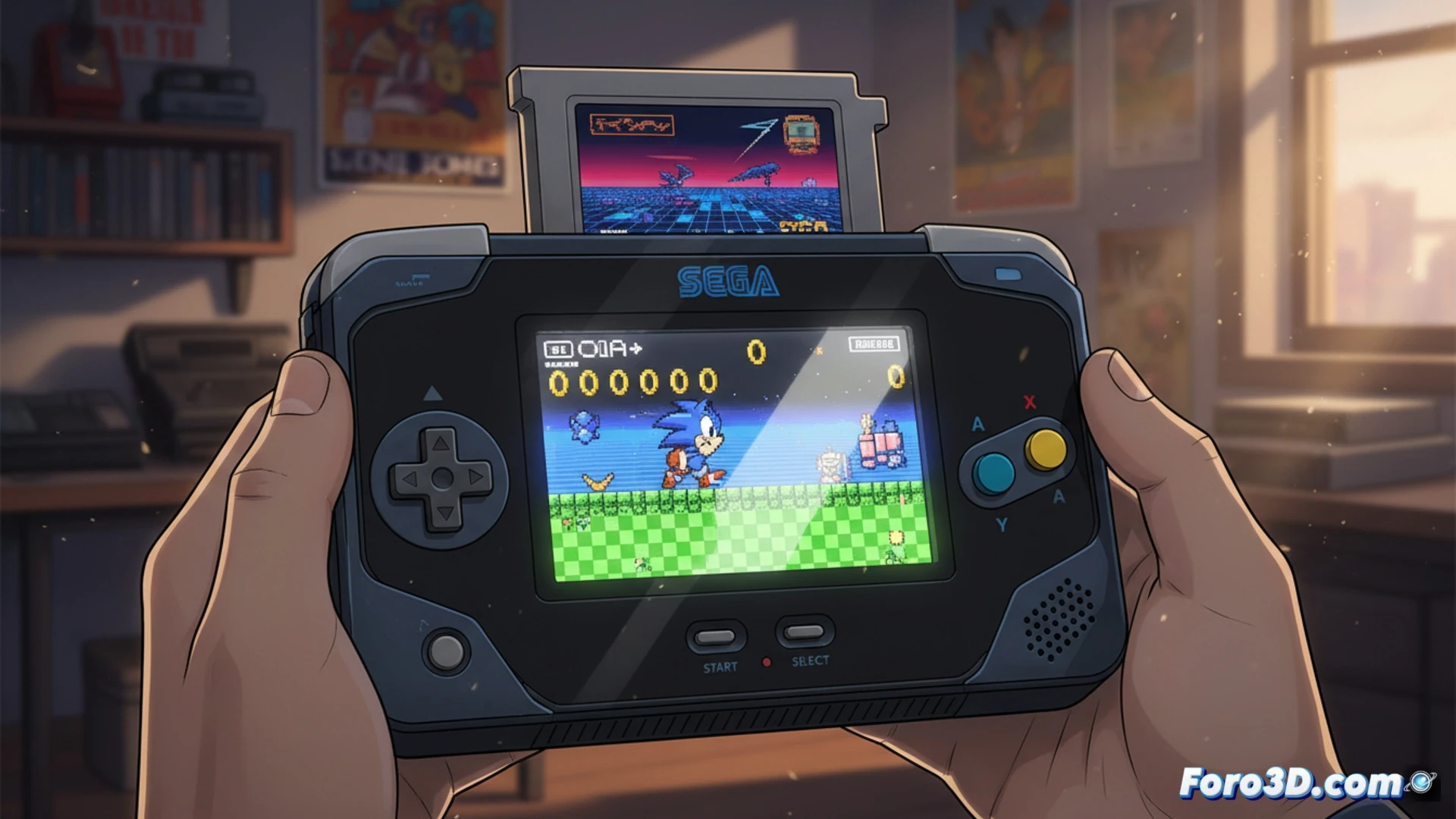 A prototype SEGA handheld console with a glossy black shell and a glowing 5-inch OLED screen displaying pixelated retro graphics, while a technician in a lab coat inserts a colored game cartridge into the slot, a magnifying glass and digital oscilloscope on the workbench nearby, a holographic market analysis chart floating above the console showing rising interest curves, dramatic spotlight illuminating dust particles in the air, cinematic engineering visualization, photorealistic technical render, metallic and plastic textures, precise macro focus on the cartridge insertion process.