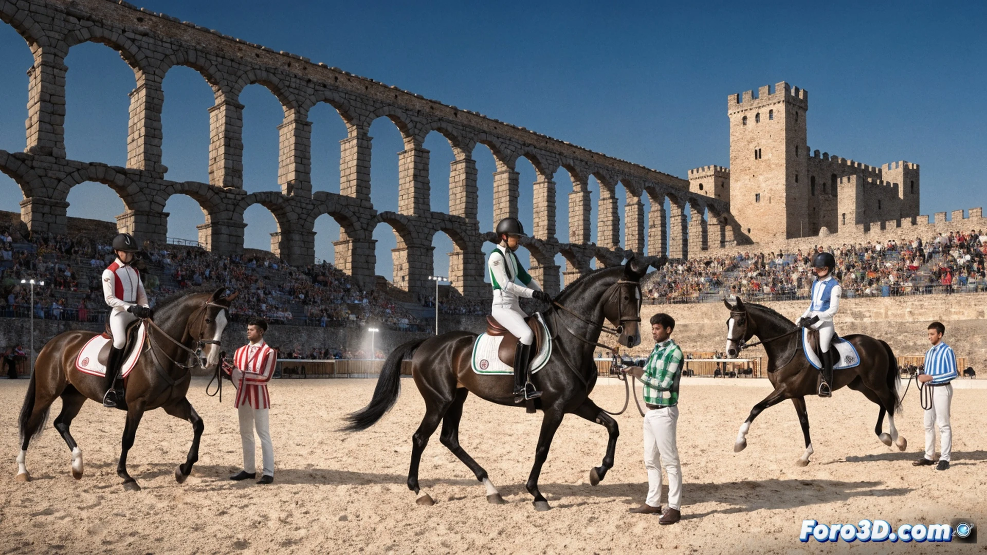 Jinete sobre caballo joven realizando un passage en pista de arena brillante, focos iluminando el movimiento elevado del trote, jueces observando desde caseta decorada con banderas de España, Portugal y Eslovaquia, fondo del Alcázar de Segovia al atardecer, cinemática fotorealista, polvo suspendido en rayos de luz, textura de crin y sudor visibles, riendas tensas mostrando conexión precisa, graderío con público difuminado, profundidad de campo dramática, estilo documental ecuestre de alta calidad.