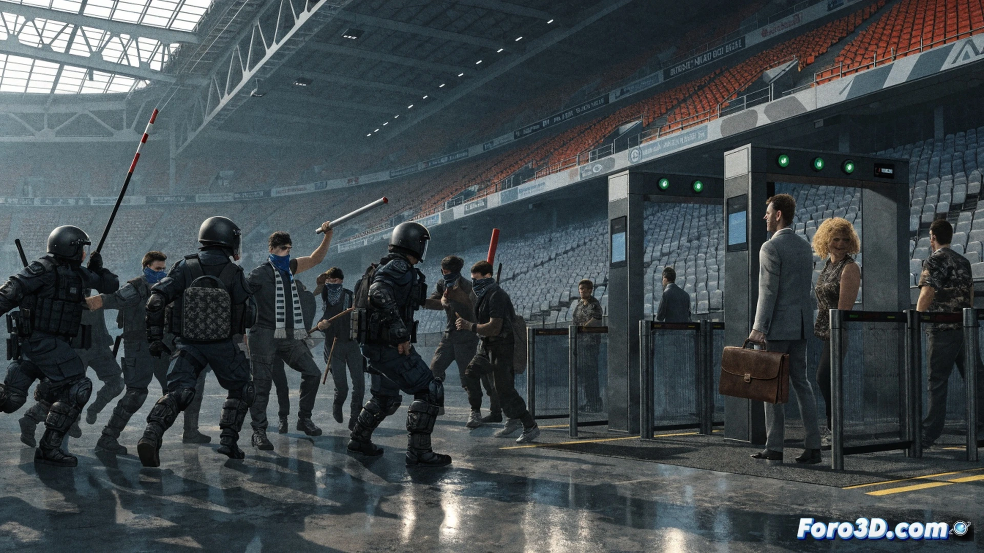 Estadio de fútbol nocturno, operativo policial en acción, agentes esposando a un ultra violento mientras otro es reducido en el césped, reflectores de seguridad iluminando la escena, cámaras de vigilancia en primer plano, equipo táctico visible, porras y escudos antidisturbios, ambiente tenso pero controlado, estilo cinematográfico realista, iluminación dramática azul y roja, texturas detalladas de uniformes y gradas vacías, photorealistic technical render, mostrando proceso de detención y refuerzo de seguridad.