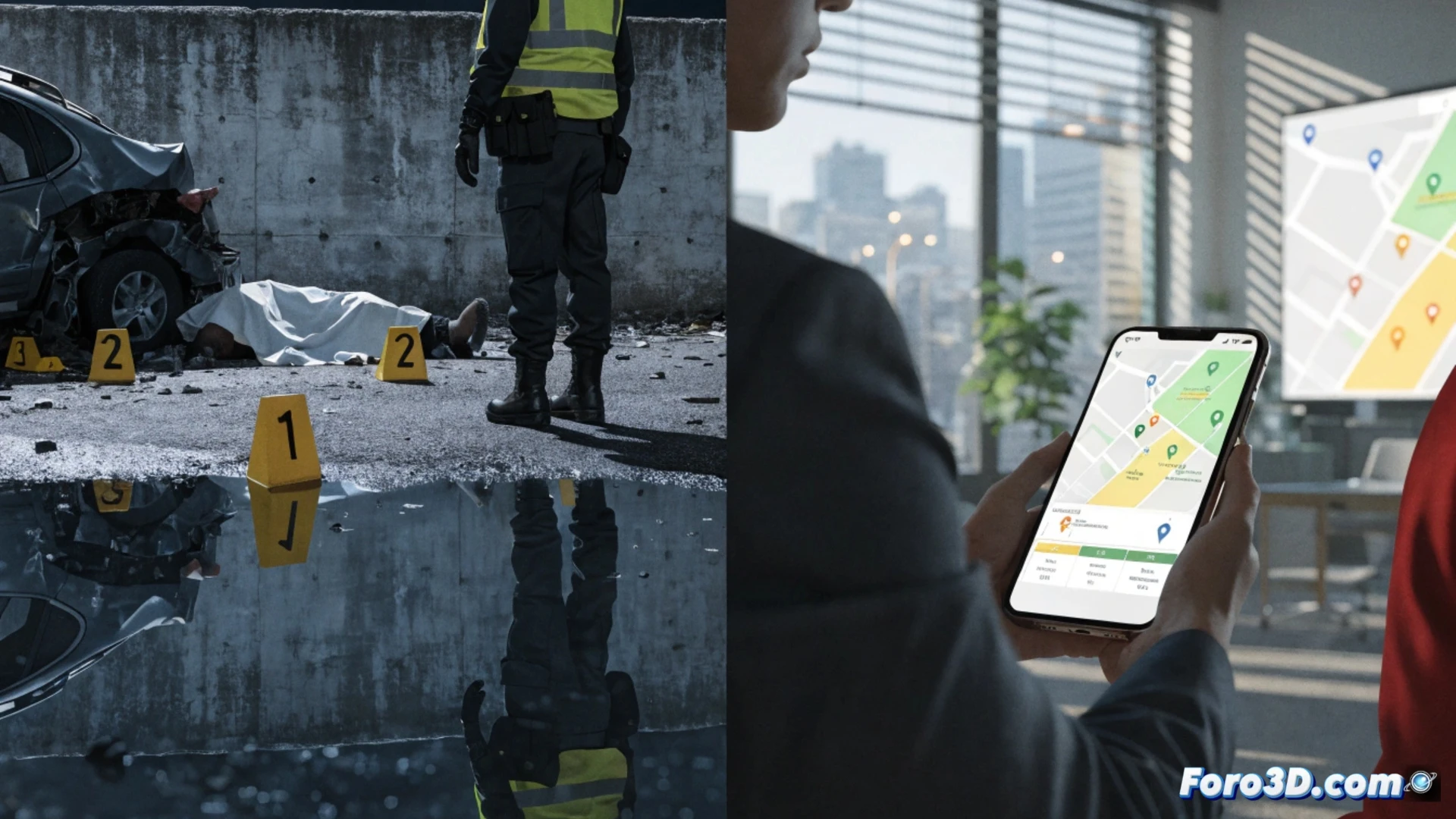 highway maintenance crew ignoring a cracked guardrail and faded warning sign, a car approaching the damaged section at speed, while a digital tablet shows an ignored citizen repair alert with a past deadline, cinematic photorealistic technical illustration, dramatic overcast lighting, wet asphalt reflecting brake lights, rusted metal and peeling paint on infrastructure, glowing red hazard indicators on the tablet interface, urgent action frozen in time, ultra-detailed road textures, engineering visualization style