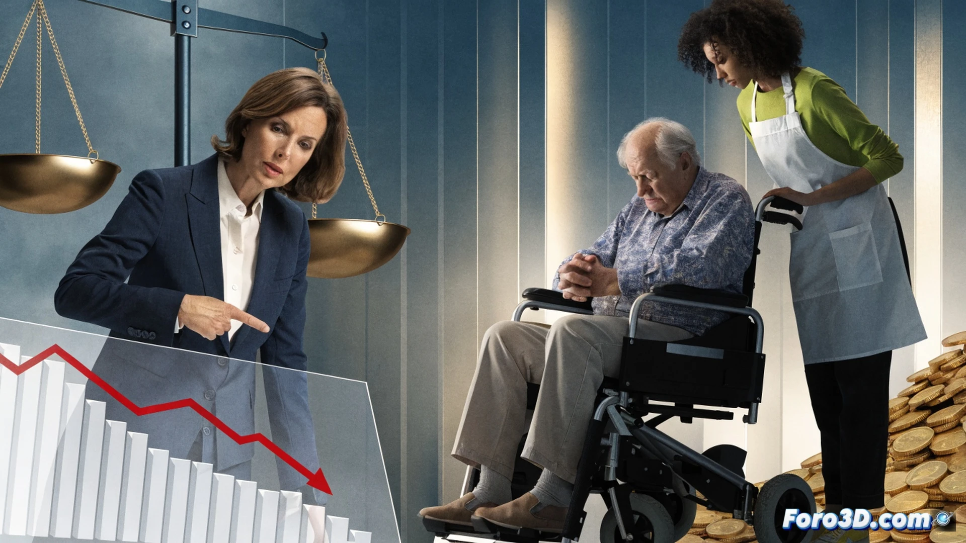 German healthcare minister Nina Warken standing in a modern government office, pointing at a large holographic financial chart showing a red deficit arrow of 7.5 billion euros crashing into a stack of 70 billion euro blocks, while a digital model of a family caregiver pension system fractures beside her, cinematic photorealistic visualization, dramatic blue and red lighting, ultra-detailed glass office interior, holographic data streams floating in air, professional business attire, urgent expression, technical financial simulation display