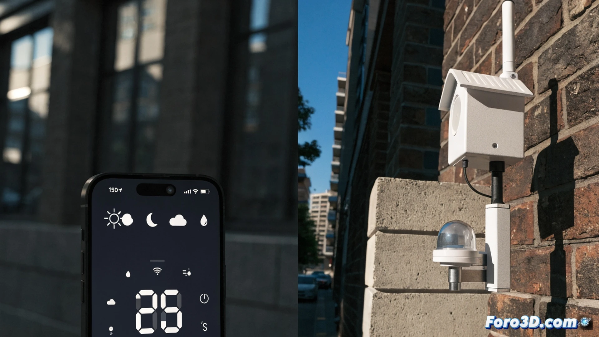 iPhone junto a estación meteorológica doméstica en balcón de Madrid, termómetro digital mostrando 28 grados mientras pantalla del móvil marca 23, discrepancia visible durante comparación directa, fondo con atardecer urbano y edificios, usuario señalando diferencia con dedo, cables y sensores meteorológicos conectados, estilo photorealistic, iluminación dorada de tarde, enfoque nítido en ambos dispositivos, textura de plástico y metal, sombras alargadas, escena documental técnica