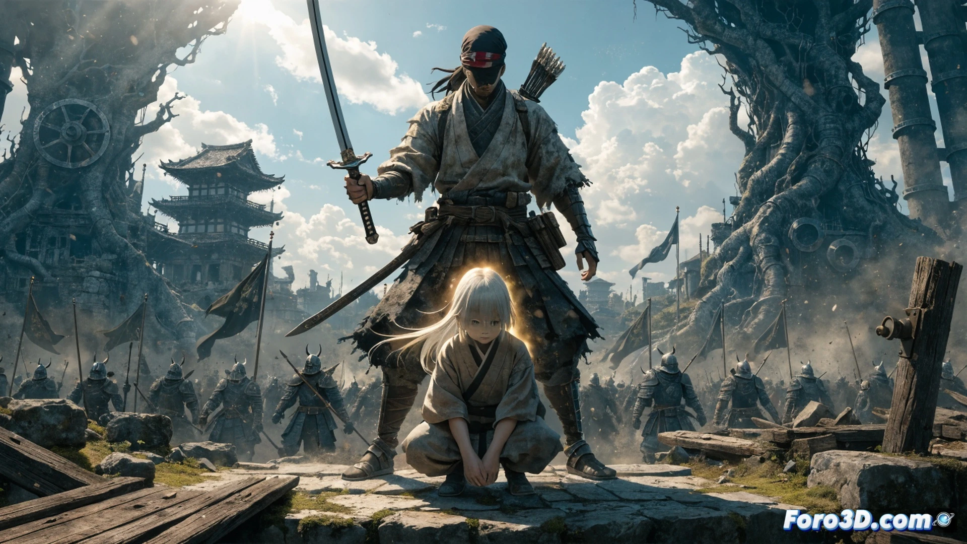 japanese feudal castle interior, shinobi in tattered dark robes lunging forward with a prosthetic grappling hook, hook cable wrapping around a wooden beam while sparks fly from a mechanical arm joint, weathered tatami mats and broken shoji screens, cinematic action scene, dramatic side lighting casting long shadows, dust particles suspended in shafts of light, photorealistic technical illustration, detailed metal textures on prosthetic attachments, motion blur on swinging blade, glowing ember particles in air, intense combat pose, dynamic camera angle