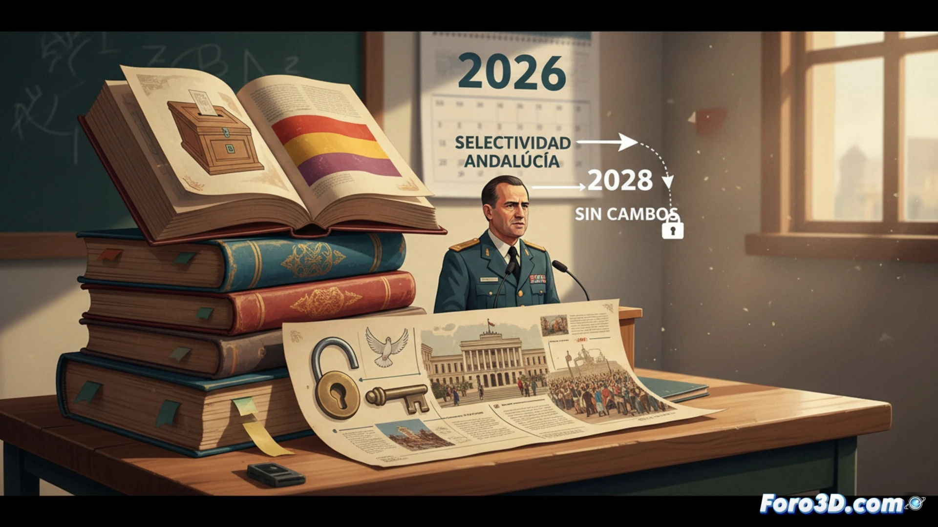 Andalusian exam desk with open history textbook showing Spanish Republic timeline, Franco speech transcript paper beside laptop displaying 1978 Constitution draft, student hand pointing at transition period diagram, wall calendar marked 2026, ink pen resting on document, photorealistic technical illustration, warm academic lighting, focused shallow depth of field, detailed paper textures, realistic office setting