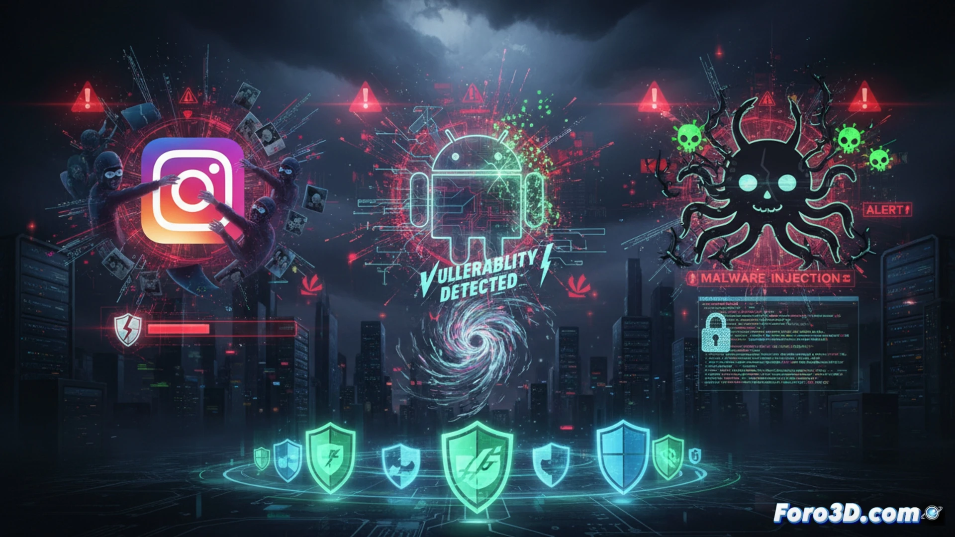 Smartphone screen displaying Instagram login page with multiple account icons being pulled into a digital void, Android logo cracked with glowing red vulnerability lines spreading across its surface, GitHub repository code blocks morphing into virus symbols while firewall bars flicker and collapse, laptop keyboard in foreground with security software dashboard showing alert indicators, dramatic dark cyberpunk atmosphere, holographic threat detection interfaces floating around the devices, data streams flowing into a black hole center, cinematic photorealistic technical illustration, high contrast neon blue and red lighting, detailed digital circuitry patterns, motion blur on collapsing security shields, ultra-detailed hardware and software elements
