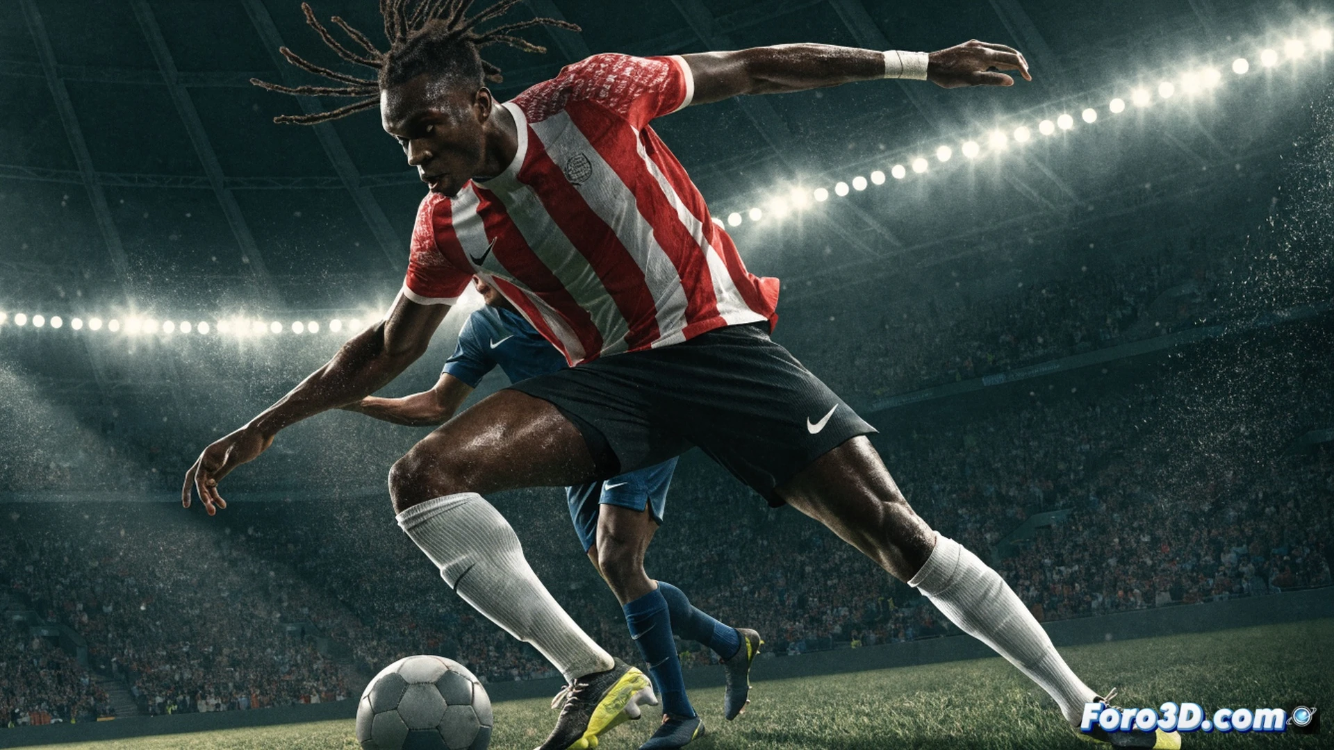 Antoine Semenyo dribbling at full speed down the right flank, massive thigh muscles tensed while shielding the ball from a sliding defender, ball glued to his foot during a sharp cut inside, opposing player bouncing off his shoulder, stadium floodlights casting dramatic shadows on wet grass, sweat droplets flying from his dreadlocks, dynamic motion blur on his boots, photorealistic sports action shot, cinematic low-angle view, tactical field lines visible, intense physical contact frozen in time, ultra-detailed musculature and jersey fabric, realistic stadium atmosphere with blurred crowd in background