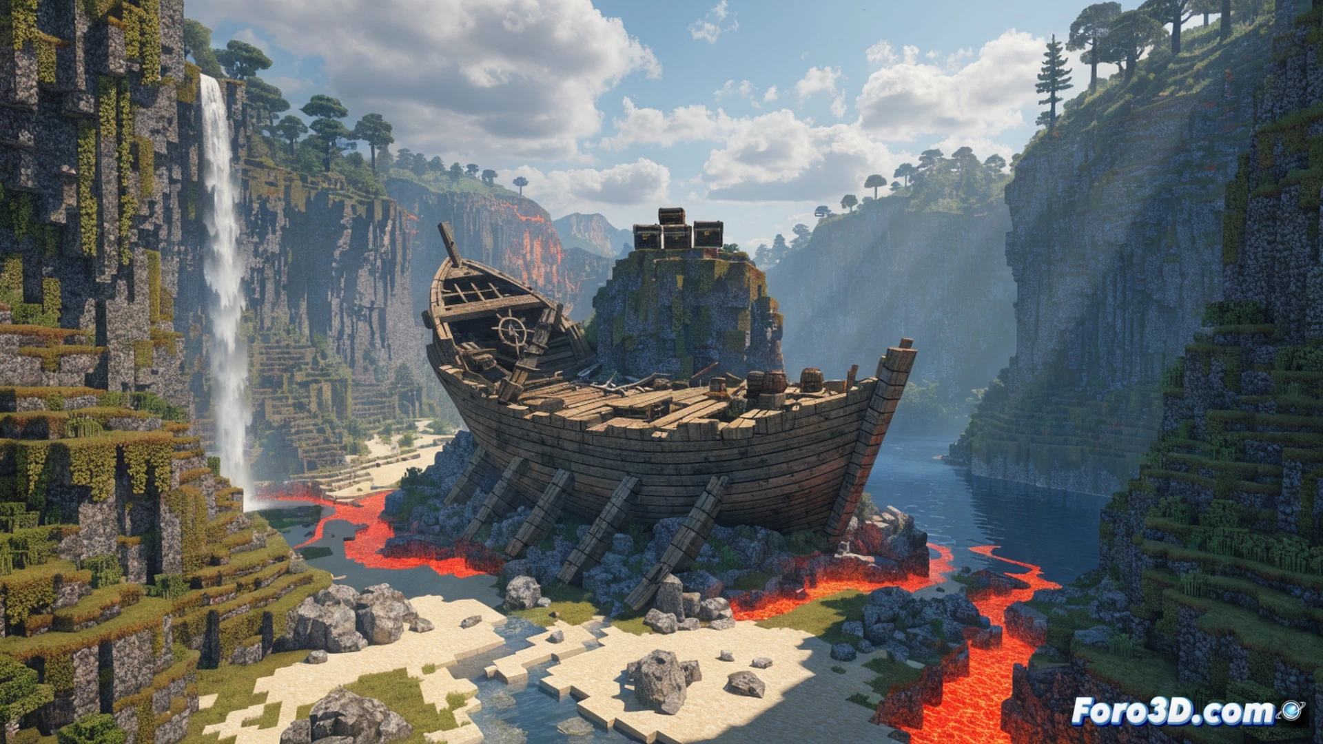 Minecraft Switch seed Shipwreck Coast, wooden shipwreck resting on dry land during sunrise, player character opening a chest on deck, revealing iron pickaxe and stone sword floating inside, cracked stone shore nearby, green grass blocks contrasting with dark ship wood, cinematic game screenshot style, dramatic golden lighting, pixel-art textures with high-definition realism, player hand reaching forward, action of looting, no HUD or text visible, immersive adventure scene, clear technical demonstration of early-game advantage