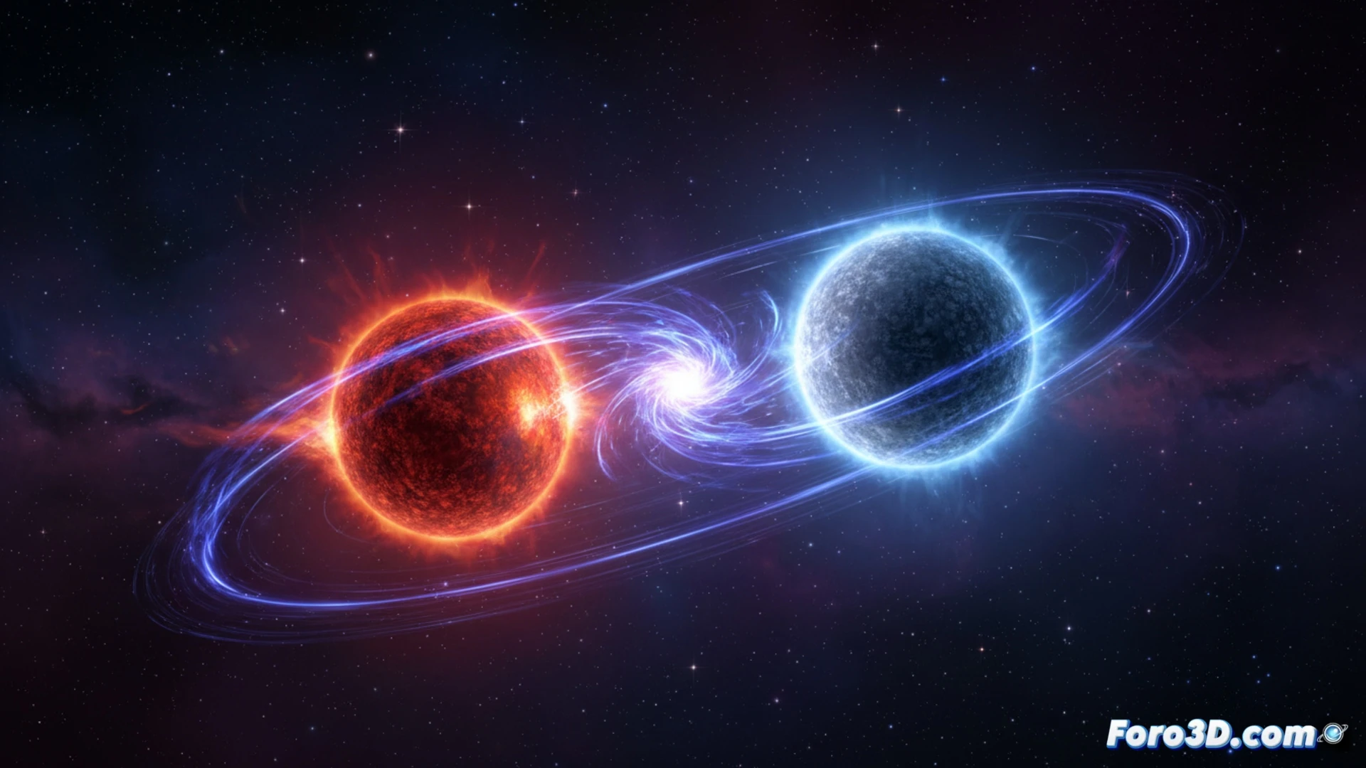binary star system cosmic interaction, white dwarf pulling plasma streams from red dwarf companion, violent stellar flares erupting between both stars, radio wave pulses visualized as concentric glowing rings expanding outward, deep space background with distant nebulae, cinematic astrophysics visualization, intense stellar glare, plasma arcs bridging the two stars, particle jets spiraling around the white dwarf, dramatic cosmic lighting, ultra-detailed stellar surfaces, photorealistic space render