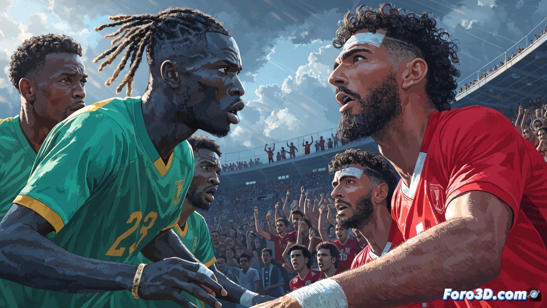 Senegalese football players in red jerseys pressing forward on a rain-soaked pitch, Irak defenders in white blocking a shot, tension on faces, stadium floodlights casting dramatic shadows, tactical diagram overlay showing formation arrows and defensive gaps, bench coach gesturing urgently, cinematic sports visualization, mud splashes on boots, blurred crowd in background, realistic stadium lighting, high-detail motion capture style, photorealistic technical render