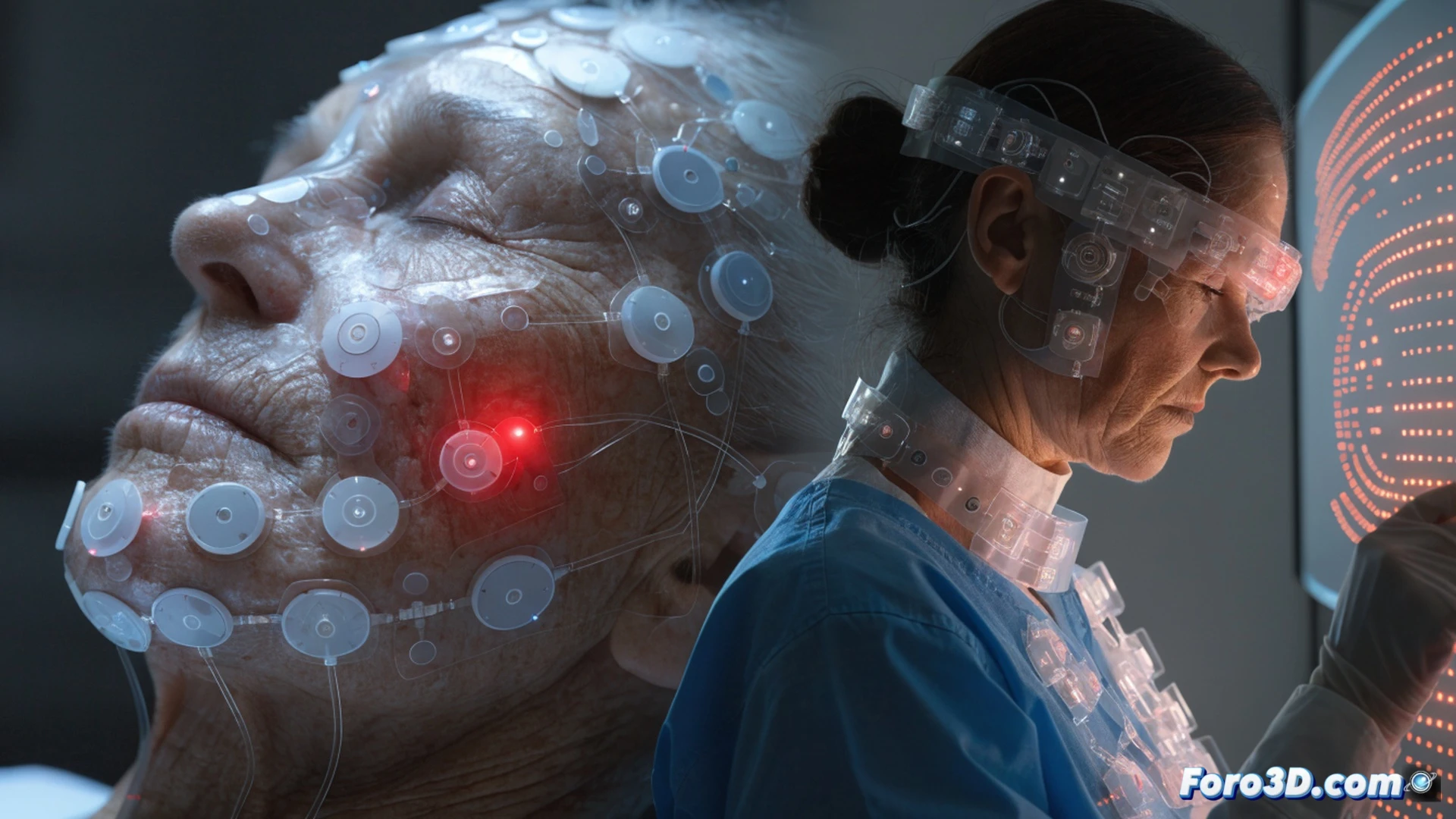 Medical monitoring room scene, elderly patient with closed eyes lying in hospital bed, wireless biometric sensor patch on chest and wrist, vital signs data streaming as glowing waveforms on a tablet screen held by a nurse, nurse pointing at a sudden spike in the heart rate graph while looking at a monitor, patient s hand resting still, soft blue ambient light from medical equipment, photorealistic cinematic visualization, shallow depth of field focusing on the nurse s gesture and the data screen, warm skin tones contrasted with cool clinical lighting, ultra-detailed textile folds on sheets, subtle motion blur on the glowing data lines, technical medical illustration style