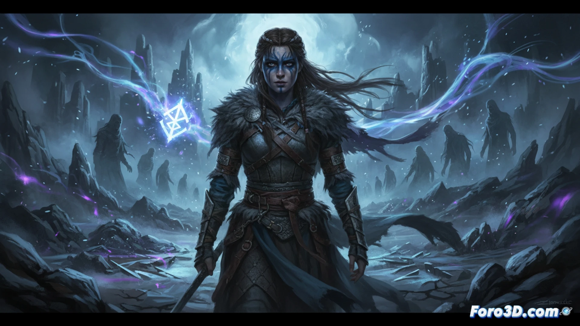 Senua celta guerrera de pie en un paisaje infernal de purgatorio, niebla espectral y rocas flotantes, empuñando una espada envuelta en llamas azules, sombras retorcidas emergiendo del suelo mientras criaturas etéreas la rodean, partículas de ceniza iluminadas por rayos de luz rojiza, texturas de piel con pintura de guerra celta, armadura de cuero desgastada, fondo de abismo infinito con puertas de piedra antiguas, estilo cinematográfico de videojuego, iluminación dramática con contraste extremo, realismo fotográfico, render técnico de motor gráfico de última generación, profundidad de campo y desenfoque de movimiento, atmósfera opresiva y psicológica.