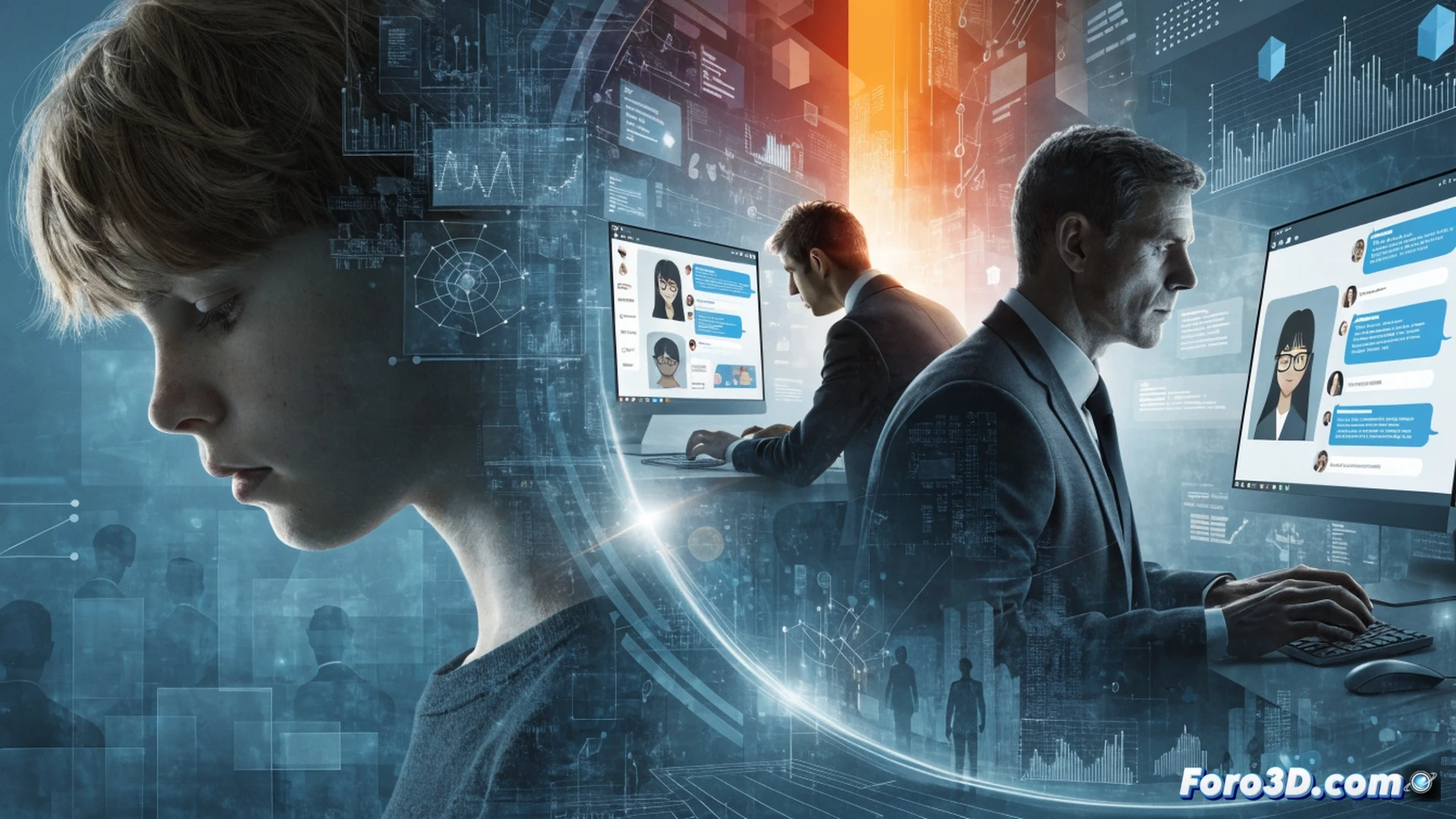Undercover police officer monitoring multiple chat windows on a dark computer screen, cursor hovering over a decoy profile icon, while behind the monitor a shadowy figure of an adult hand reaches toward a child silhouette on a smartphone display, cracked screen showing a social media app with no parental filter, cinematic photorealistic scene, cold blue and red ambient lighting, keyboard glowing with warning symbols, child protection software icons dimmed and inactive in the background, tense action captured mid-process, high-contrast dramatic shadows, ultra-detailed surveillance equipment, technical illustration style