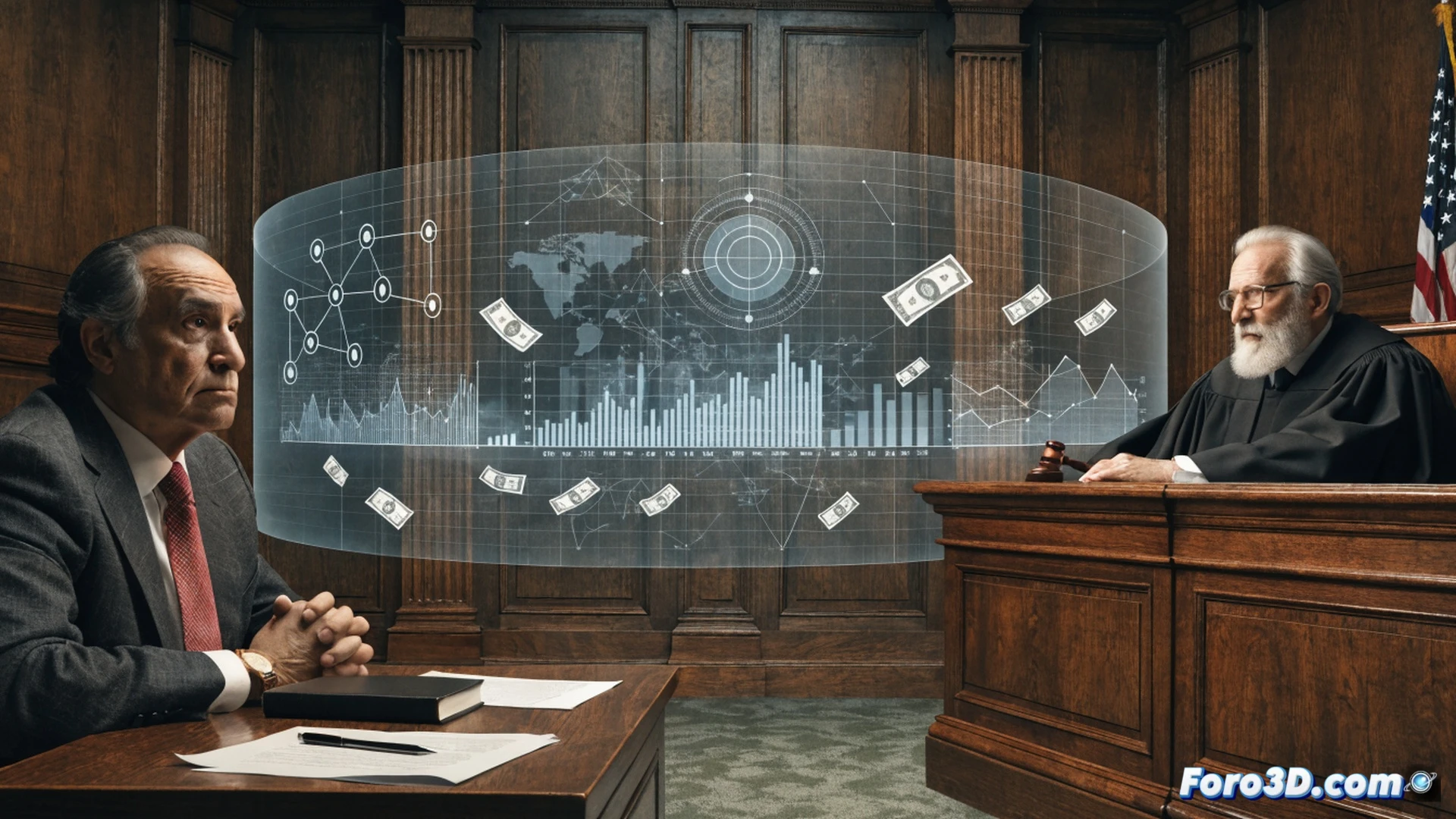 A courtroom gavel striking a wooden block, papers marked as financial reports and loan documents scattering across a desk, a judge’s robe hanging empty on a chair, an open safe with missing stacks of cash, dust particles floating in dim fluorescent light, cinematic photorealistic technical illustration, cold blue and grey color palette, dramatic shadows, legal seals on folders, empty chair symbolizing unresolved accountability, ultra-detailed textures, forensic investigation style