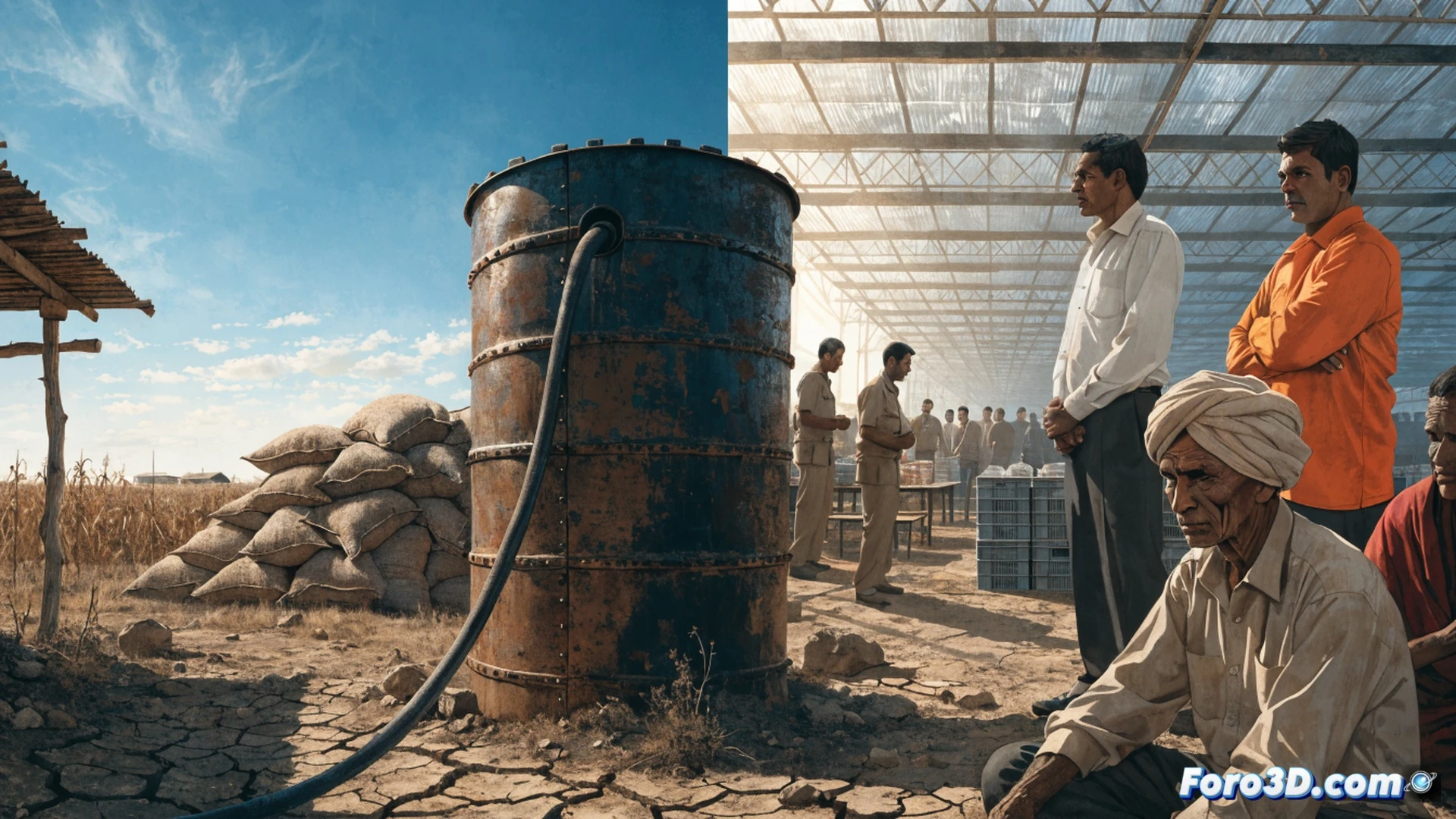 cracked earth field in rural India, farmer standing beside a dry well holding an empty bucket, broken irrigation pipe leaking scarce water drops, distant government truck unloading water tanks as emergency relief, parched crops bending under harsh sun, technical illustration style, photorealistic render, cinematic lighting with harsh shadows, dust particles floating in hot air, detailed texture of dry soil and rusted pump components, action of farmer examining dead plant roots while looking at sky, demonstrating failed monsoon reliance
