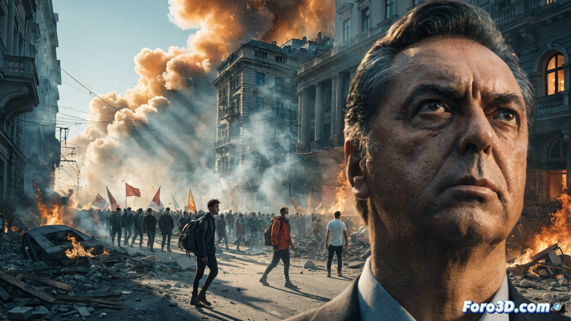Serbia crisis political protest scene, massive crowd of demonstrators in Novi Sad city square holding banners, collapsed roof debris visible in background, broken concrete and twisted metal beams, Aleksandar Vucic figure standing alone on a stage offering resignation gesture while shadowy political advisors behind him plan a return strategy, corruption documents and blueprints scattered on ground, cinematic photorealistic style, dramatic overcast sky, intense spotlight on Vucic, crowd tension, smoke haze, ultra-detailed urban architecture, technical news illustration