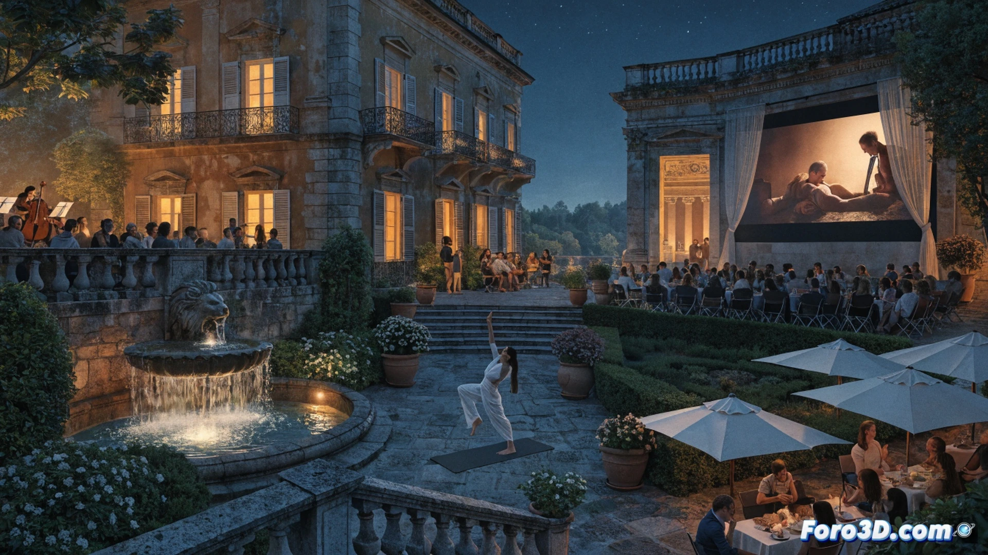 Night scene at an Italian castle courtyard during Sere Fai d Estate, a string trio performing on a small stage under warm lantern light, audience seated on blankets and folding chairs, a large outdoor cinema screen glowing in the background with a vintage film frame, yoga mats rolled out on the grass beside a stone fountain, waiters carrying trays of wine glasses through the crowd, historic villa facade illuminated with soft uplighting, summer stars visible above, cinematic photorealistic style, warm amber and indigo color palette, ultra-detailed Renaissance architecture, gentle motion blur from musicians bowing arms, technical illustration with clear event zones