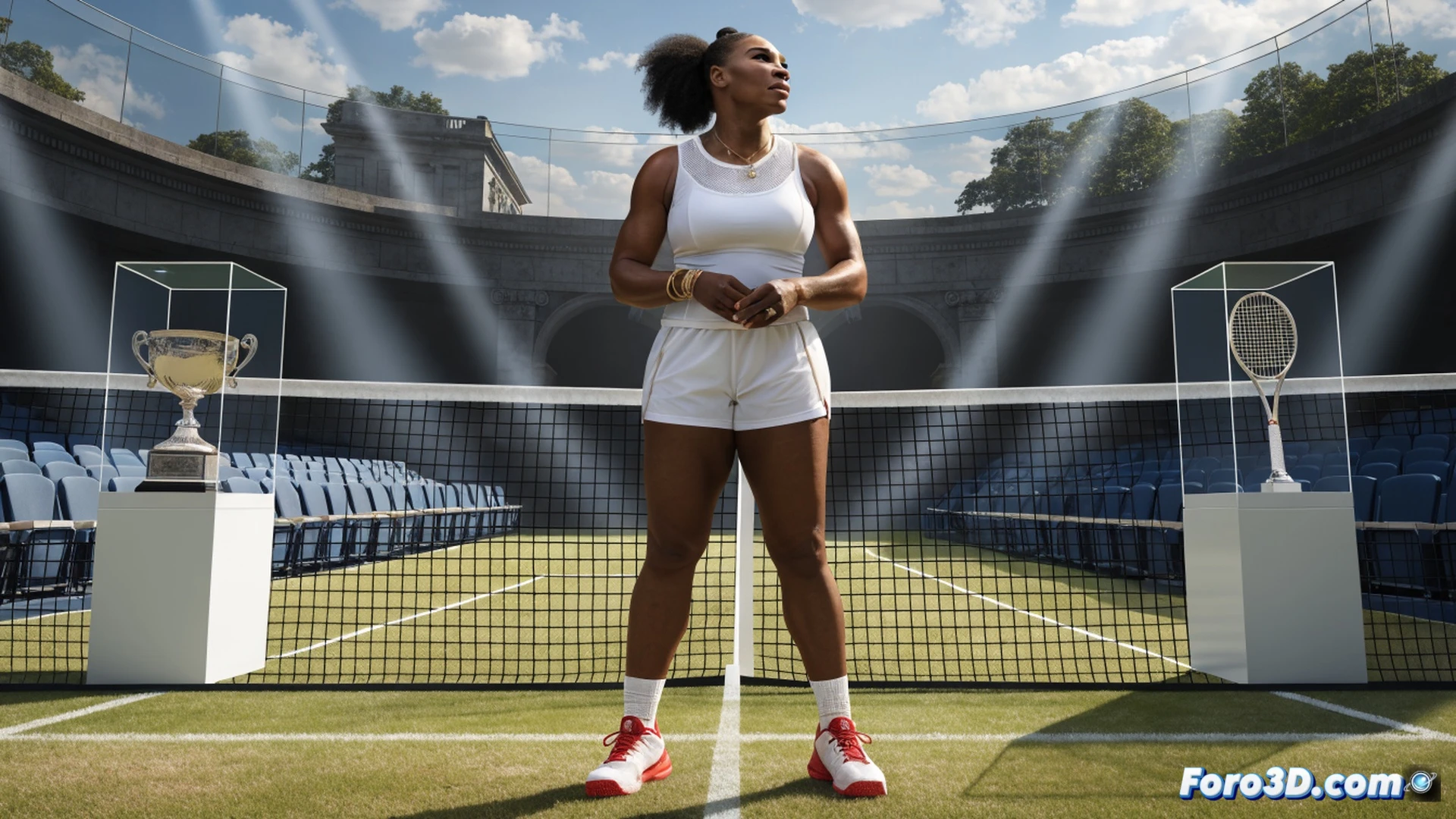 Serena Williams en la cancha central de Wimbledon 2026, ejecutando un potente saque plano, raqueta en alto tras el impacto, pelota deformándose contra las cuerdas, luz natural del atardecer filtrándose por el techo retráctil, hierba con marcas de deslizamiento, público de fondo expectante, cámara lenta capturando el movimiento muscular del brazo y piernas, vestimenta blanca tradicional, sudor visible, expresión de máxima concentración, estilo cinematográfico fotorrealista, iluminación dramática de estadio, textura detallada de la hierba y red, profundidad de campo suave, tonos cálidos y verdes saturados, 8K ultra detallado.