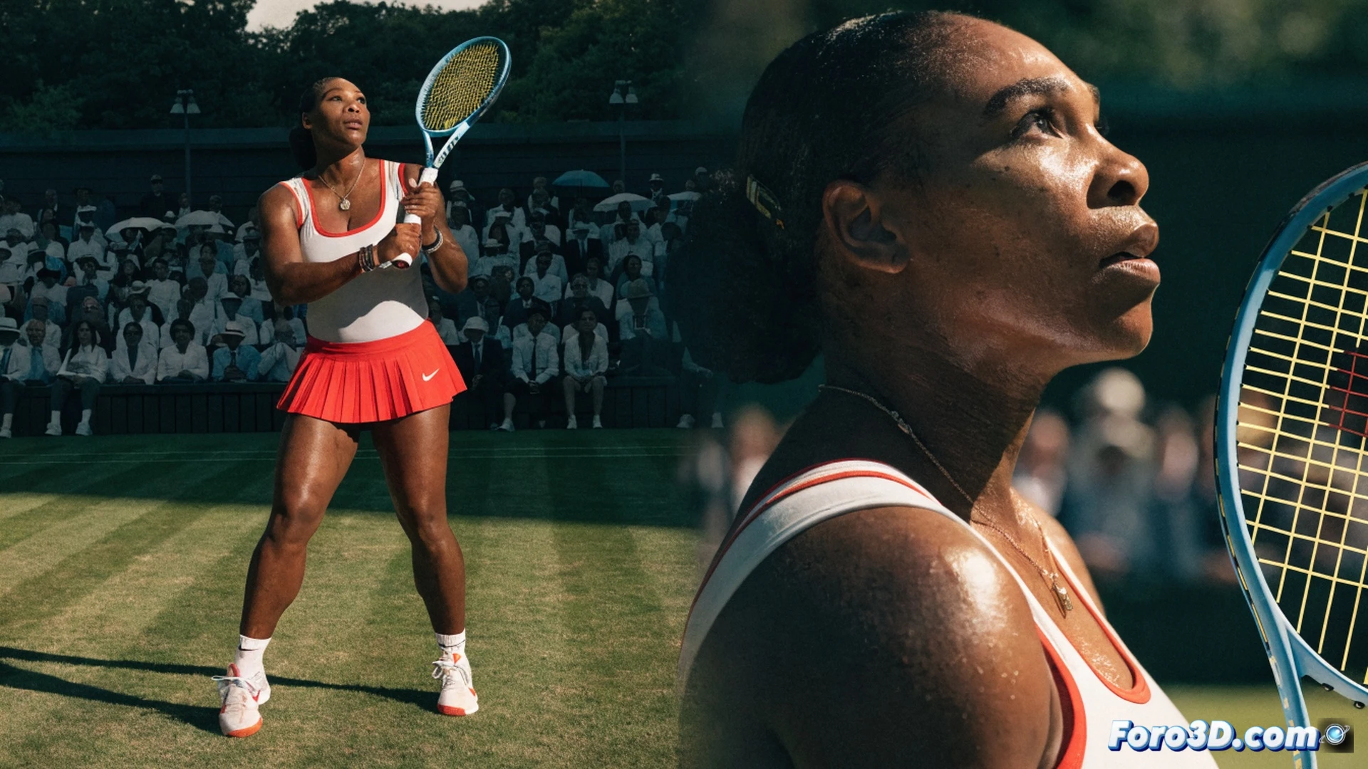 Serena Williams en acción sobre la hierba de Wimbledon, raqueta en pleno impacto contra una pelota amarilla, movimiento de torso mostrando potencia extrema, césped verde con marcas blancas, fondo de gradas llenas de público expectante, cámara lenta capturando la deformación de la pelota y la tensión en las cuerdas, luz natural de atardecer británico, sudor visible en la frente, piernas en zancada dinámica, estilo cinematográfico photorealistic, detalles de la vestimenta blanca tradicional, vibración en la muñequera y el cordón del zapato, ambiente de leyenda deportiva regresando al escenario.