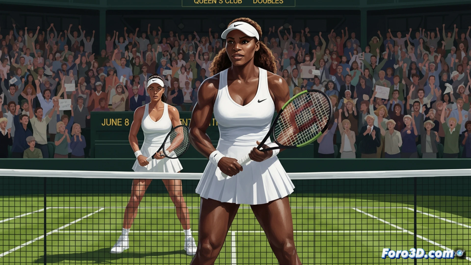 Serena Williams, de 44 años, sonríe en la pista de Queen's Club, raqueta en mano, lista para su regreso a dobles en junio.