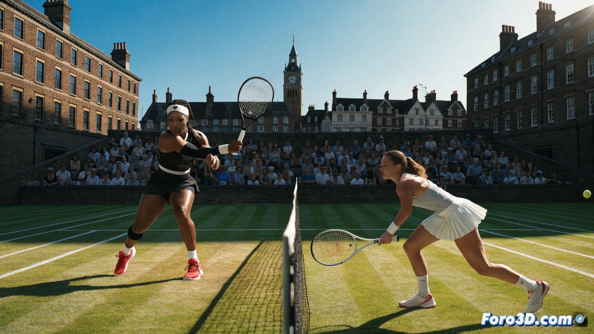 Serena Williams en acción sobre la hierba de Wimbledon, ejecutando un potente saque con raqueta en movimiento, piernas flexionadas y torso girado, pelota amarilla impactando las cuerdas con deformación visible, hierba verde cortada levantándose bajo sus zapatillas durante el deslizamiento, público en gradas difuminado con banderas y sombrillas, marcador electrónico LED mostrando el set inicial, cámara de televisión con brazo robótico siguiendo el movimiento, luz natural de atardecer londinense creando sombras alargadas, photorealistic cinematic render, textura detallada de la hierba y vestimenta deportiva, profundidad de campo suave, atmósfera de campeonato histórico.