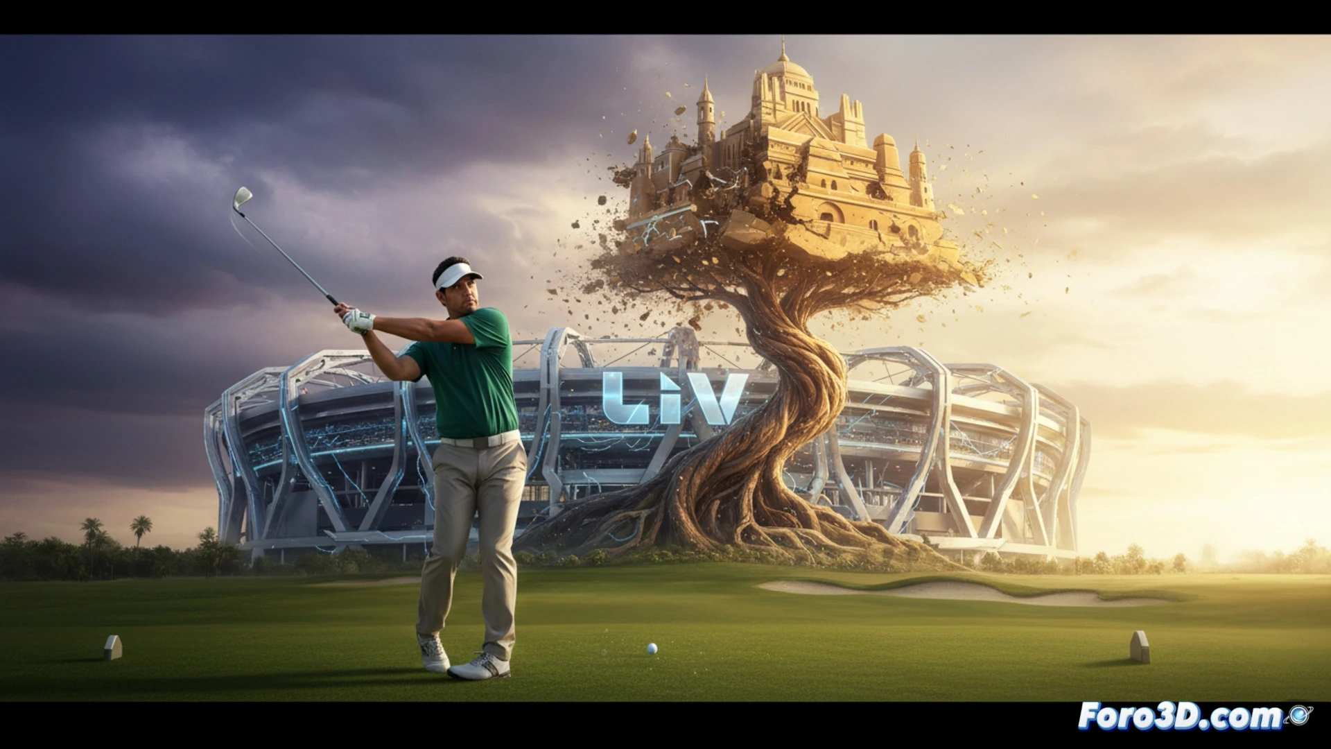 professional golfer Sergio García swinging a golf club on a futuristic LIV Golf course, digital network lines and circuit board patterns glowing beneath the grass, PIF investment fund logo fading into transparent particles while a solid financial graph rises behind him, cinematic engineering visualization, photorealistic lighting, metallic clubface reflecting abstract data streams, motion blur on swing action, dynamic composition with deep depth of field, ultra-detailed turf texture and biomechanical joint analysis overlay, dramatic sunset sky with lens flare