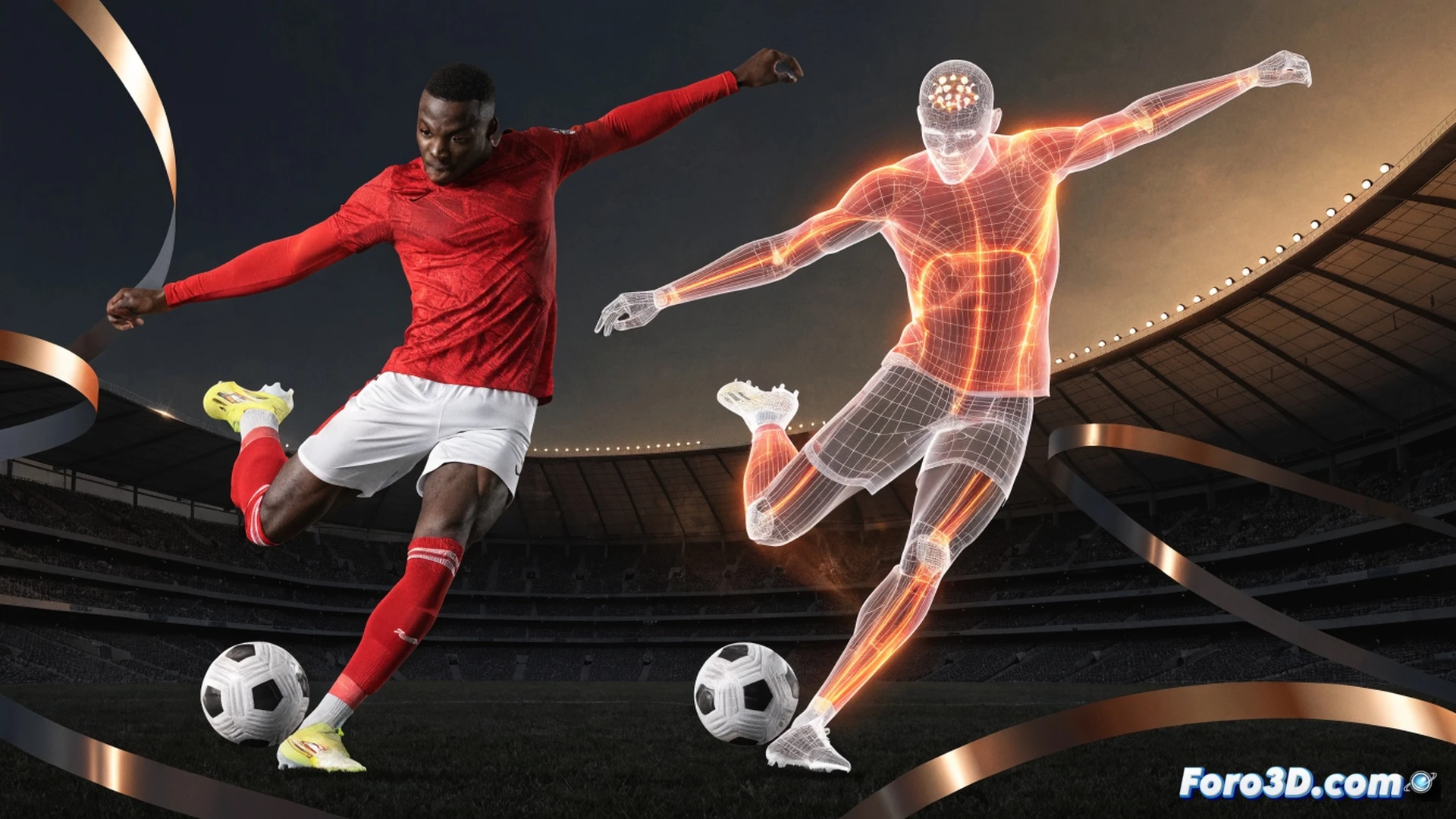 Serhou Guirassy exploding from a standing start in a Bundesliga match, powerful leg muscles straining while generating explosive acceleration, dynamic 3D motion capture skeleton overlay showing kinetic chain activation, glowing trajectory lines tracing his powerful stride pattern, interactive technical diagram floating beside him with heatmap of shot accuracy zones, cinematic sports science visualization, photorealistic stadium lighting, dramatic low angle shot, ultra-detailed muscle definition under kit, real-time biomechanical analysis display