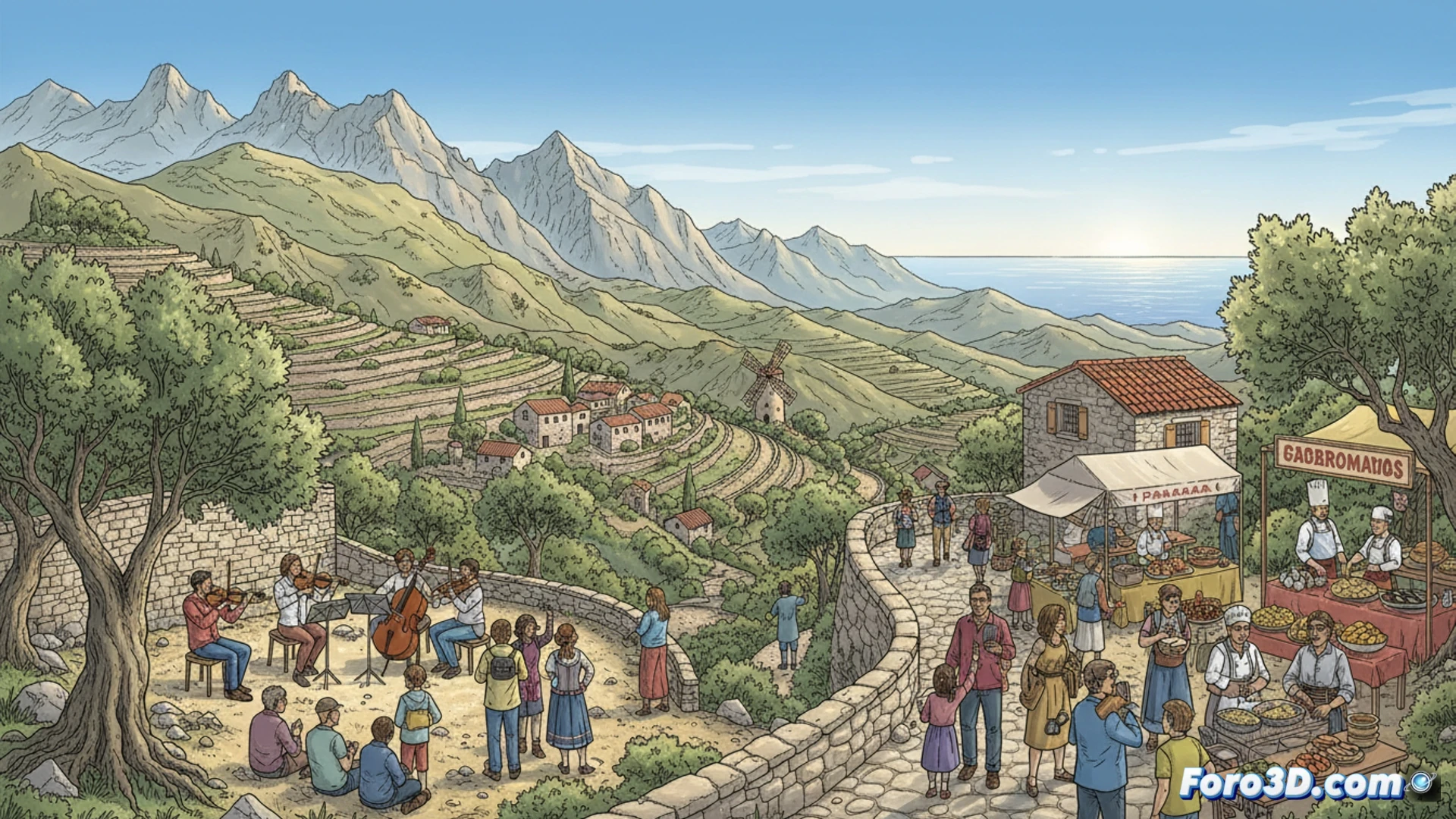 Serra de Tramuntana stone terrace landscape during olive harvest, traditional dry-stone walls being repaired by a worker using a mason hammer and chisel, limestone dust rising, distant Mediterranean sea visible, ancient farmhouse with solar panels on roof, hikers walking along a narrow path through terraced fields, cinematic photorealistic style, golden hour sunlight casting long shadows, dramatic clouds above mountain peaks, ultra-detailed vegetation and stone textures, aerial perspective showing terraced agricultural system