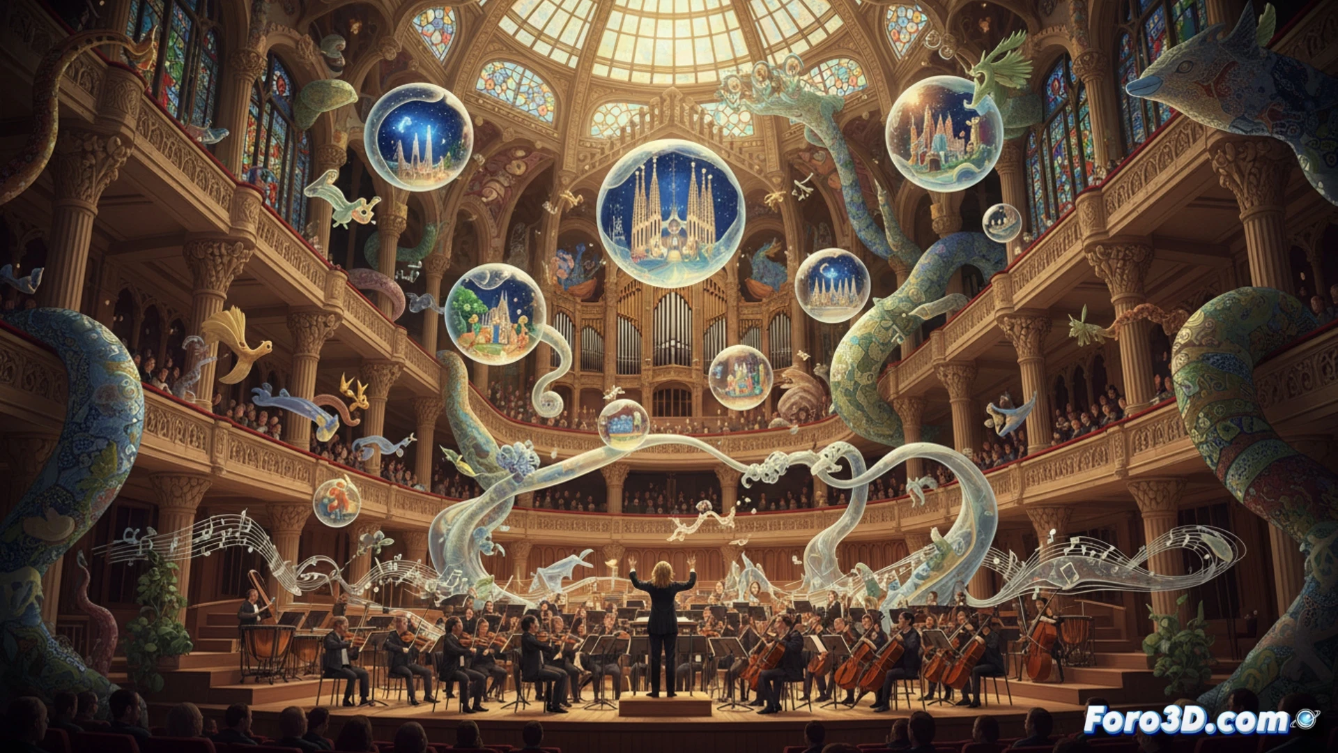 Philharmonia Orchestra musicians performing on stage inside Palau de la Música, Gaudí-inspired geometric stained glass ceiling casting colored light over string section, conductor Marin Alsop raising baton during seventh movement, violin bows in motion, sheet music stands reflecting dreamlike mosaic patterns, modernista columns framing stage, acoustic wave visualization lines flowing from instruments toward ornate dome, cinematic architectural photography, warm amber and sapphire lighting, photorealistic concert hall render, dramatic chiaroscuro, technical detail of instrument craftsmanship