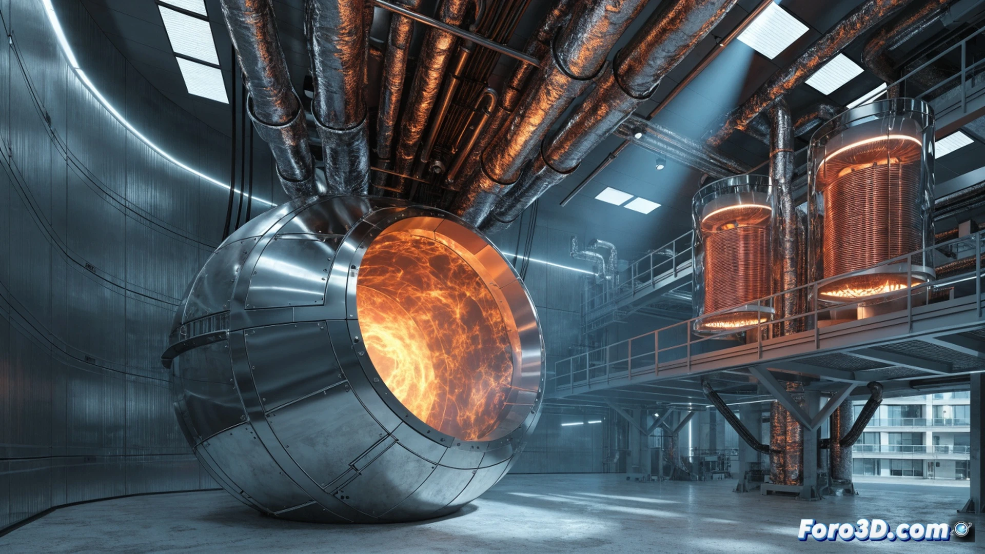 Fusion reactor core assembly process, researchers in white cleanroom suits adjusting a tokamak plasma chamber component, magnetic coil rings being lowered by robotic arms, blue plasma glow reflecting on metallic surfaces, holographic energy flow data panels floating nearby, modern laboratory interior with glass walls and Sevilla skyline visible through windows, cinematic engineering visualization, dramatic cool blue and white lighting, photorealistic technical render, ultra-detailed mechanical structures, motion blur on rotating machinery, glowing particle trajectories around reactor vessel