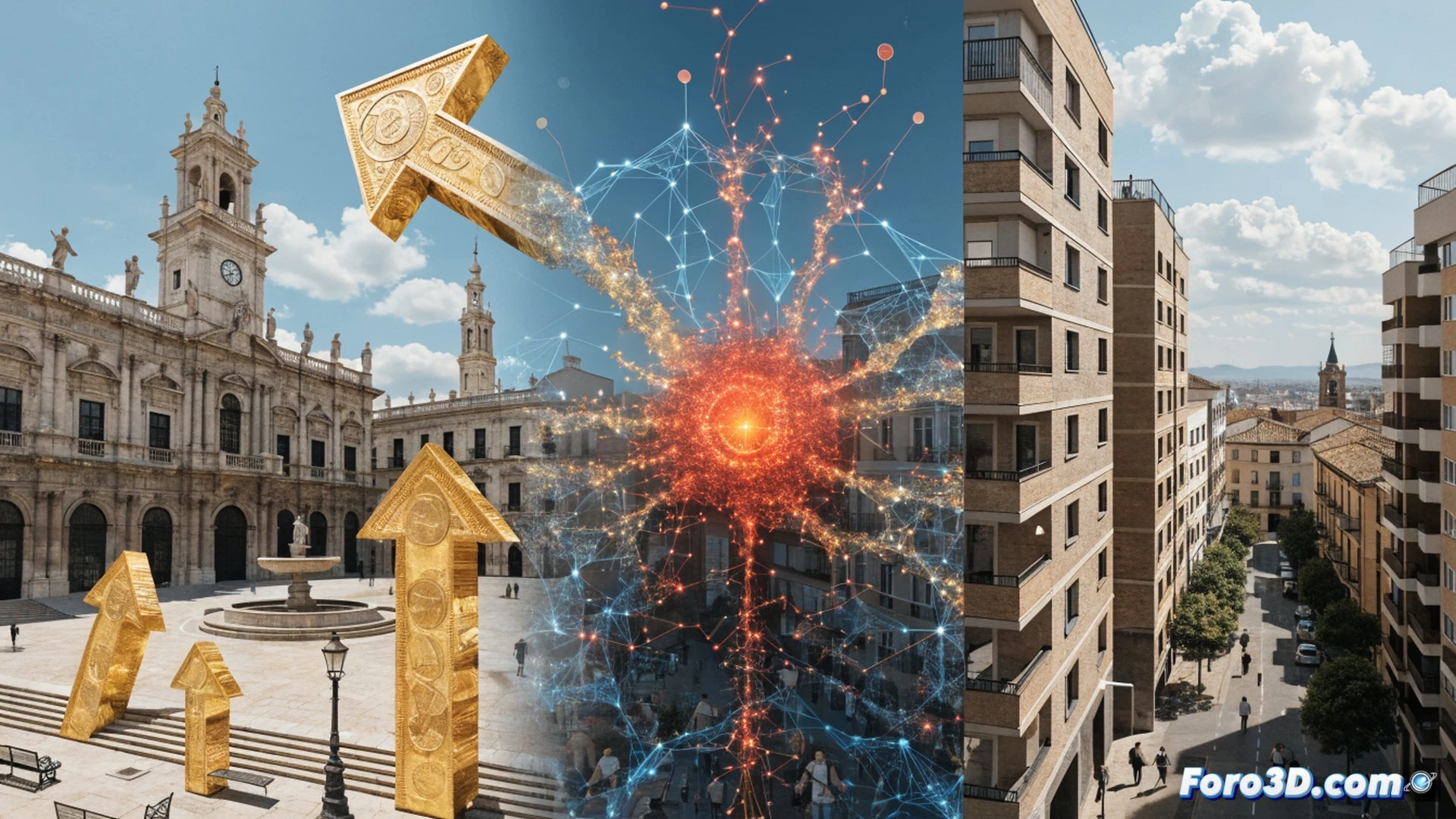 Andalusian city skyline silhouette in background, a residential building facade with a large glowing digital tax meter rising from the roof, red arrow indicator climbing past a pandemic timeline marker on the meter scale, a family group standing at the building entrance holding a sale contract and looking up at the meter with concerned expressions, sunlight casting long shadows across the cobblestone street, photorealistic architectural visualization, warm golden hour light, realistic brick textures, subtle lens flare on the glass windows, detailed urban environment, cinematic composition