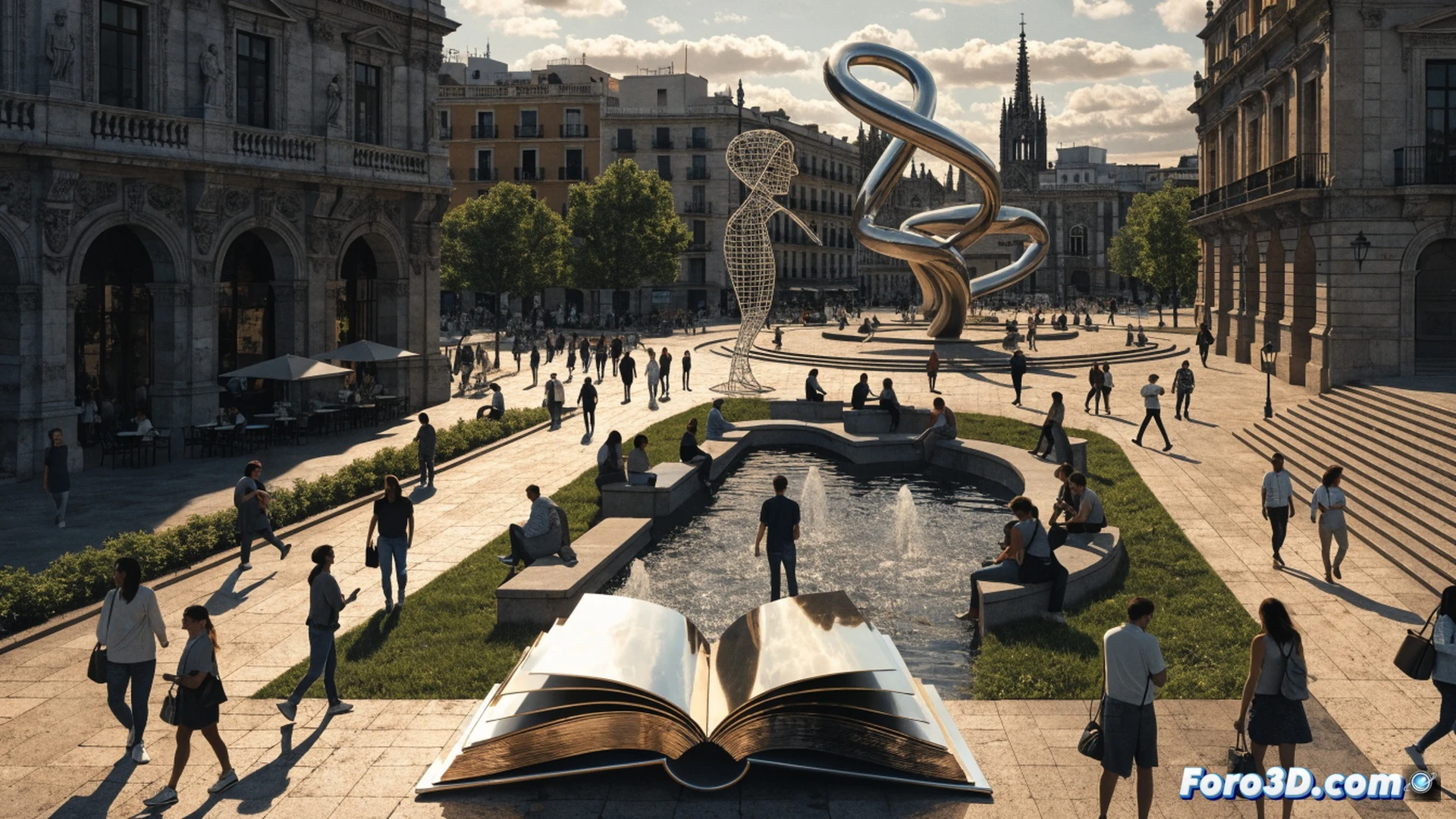 urban park transformation scene, workers installing stone benches engraved with poetry verses, families walking along a new tree-lined promenade, children playing near a central fountain with bronze book sculptures, modern street lamps with warm light, photorealistic architectural visualization, afternoon golden hour sunlight casting long shadows, blooming jacaranda trees framing the path, smooth paving stones with geometric patterns, distant view of Seville cathedral tower, realistic urban landscape render, cinematic wide-angle composition