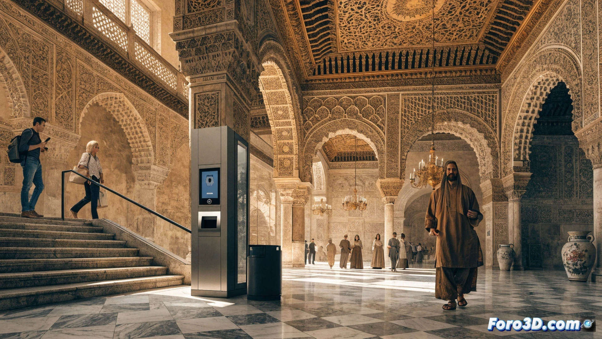 Real Alcázar main entrance with two separate pathways divided by a modern glass barrier, left side crowded with tourists queuing under sun, right side empty with a sleek electronic turnstile showing a green checkmark, a local resident scanning a transparent access card while bypassing the crowd, stone archway detailed with Islamic geometric patterns, security camera above monitoring the process, photorealistic architectural visualization, golden hour sunlight casting long shadows, polished marble floor reflecting the scene, cinematic wide-angle shot, ultra-detailed stone textures, warm terracotta tones contrasting with cool blue sky