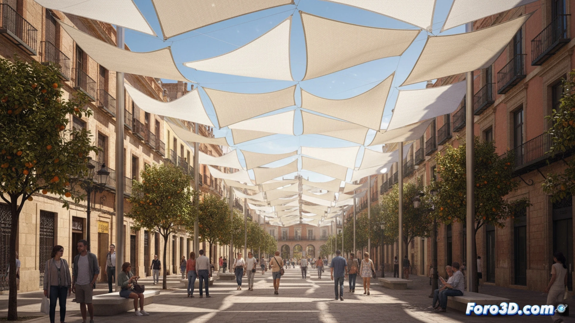 photorealistic technical visualization of seville main avenue during installation of modern shade sails, workers in safety vests adjusting tension cables on white metallic poles, large triangular textile structures casting geometric shadows on sun-exposed pavement, thermal sensors on poles recording temperature reduction, city buildings in soft-focus background, bright andalusia sunlight creating high contrast, cinematic engineering illustration, ultra-detailed fabric weave texture, stainless steel hardware visible, construction tools on ground, photorealistic architectural render