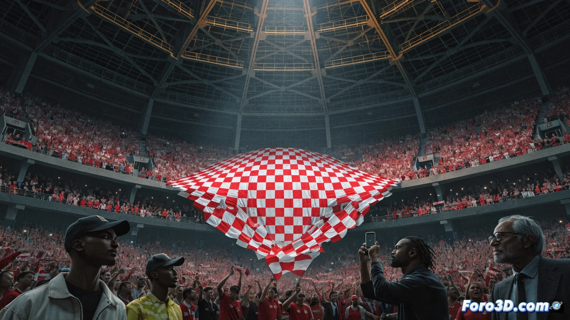 Sevilla FC stadium interior during renewal process, thousands of digital season tickets flowing like glowing cards into a central server rack, fans hands holding smartphones showing green confirmation checkmarks, red and white club stripes projected on architectural columns, data cables pulsing with light connecting turnstiles to mainframe, automated counting display showing numerical growth, photorealistic technical illustration, dramatic stadium floodlights illuminating the transaction workflow, metallic hardware with blinking LEDs, realistic crowd silhouettes in background, cinematic corporate event atmosphere, ultra-detailed engineering visualization