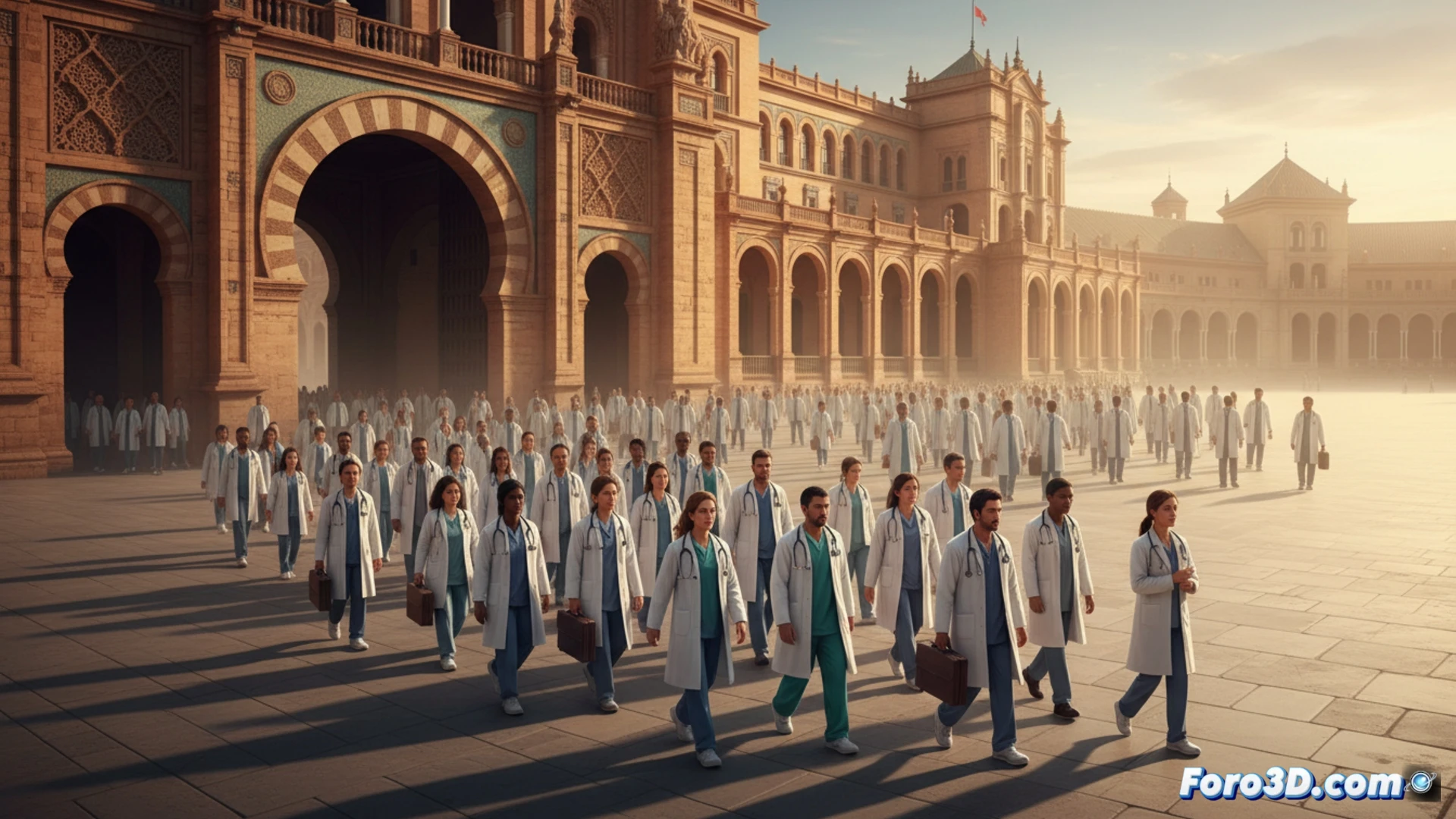 Hospital emergency room scene, 317 new doctors in white coats entering from a corridor, while 1300 empty gurneys and unattended medical monitors fill the background, a single senior surgeon pointing at a massive deficit chart on a tablet, waiting patients visible through glass doors, cinematic photorealistic visualization, cold blue and sterile white lighting, high contrast shadows, ultra-detailed surgical tools and IV stands, dramatic sense of overwhelming demand, technical medical illustration style