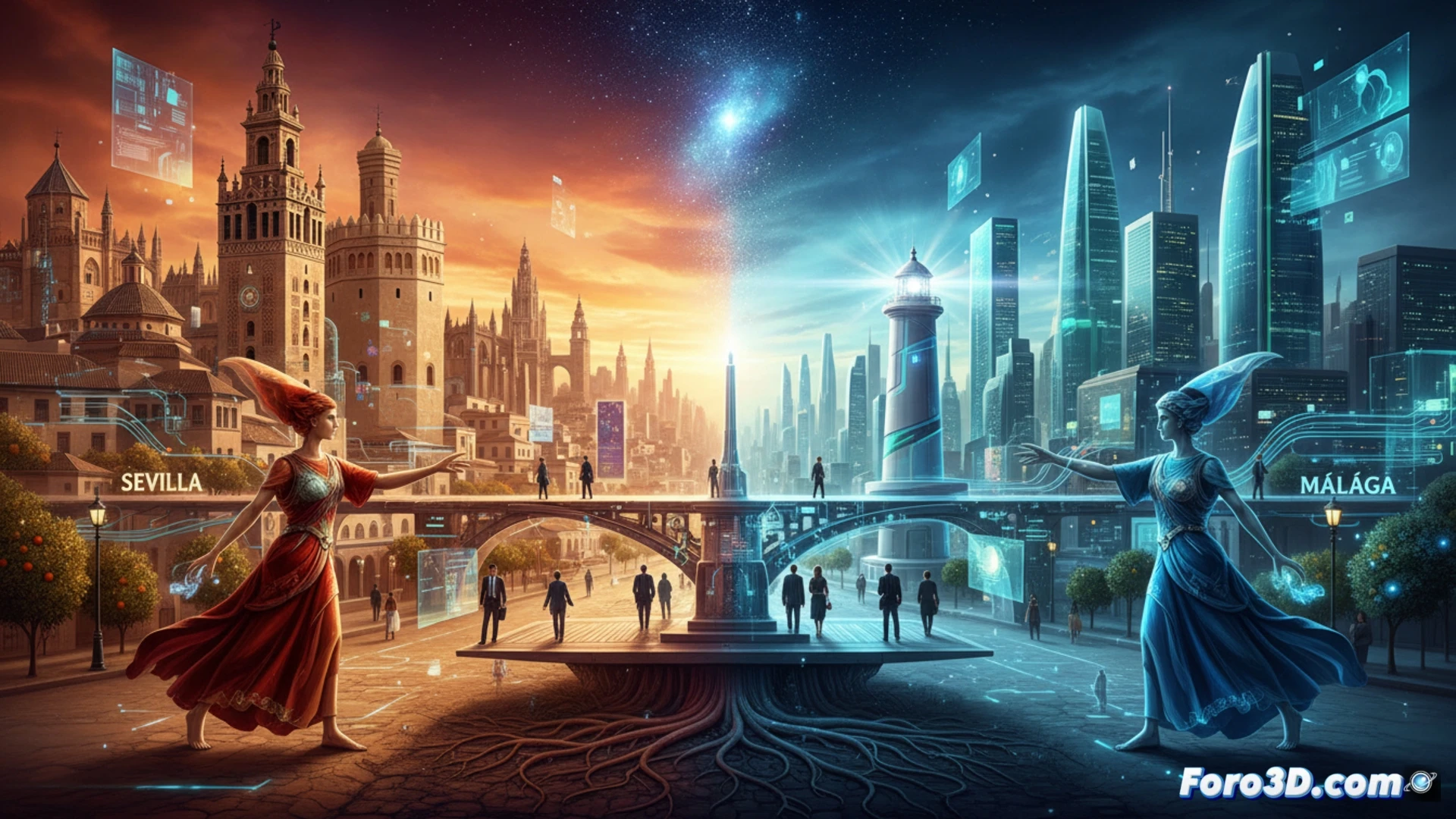 Two Andalusian cities connected by a futuristic glass bridge, left side showing Málaga with glowing server racks and robot arms assembling circuit boards, right side showing Sevilla with dormant industrial cranes and empty office desks, a digital network cable being pulled from Málaga toward Sevilla by a technician in safety glasses, holographic data streams flowing between both cities, code lines floating in mid-air, cinematic architectural visualization, dramatic sunset lighting, photorealistic urban tech illustration, high-angle view capturing the contrast between active innovation and waiting potential.