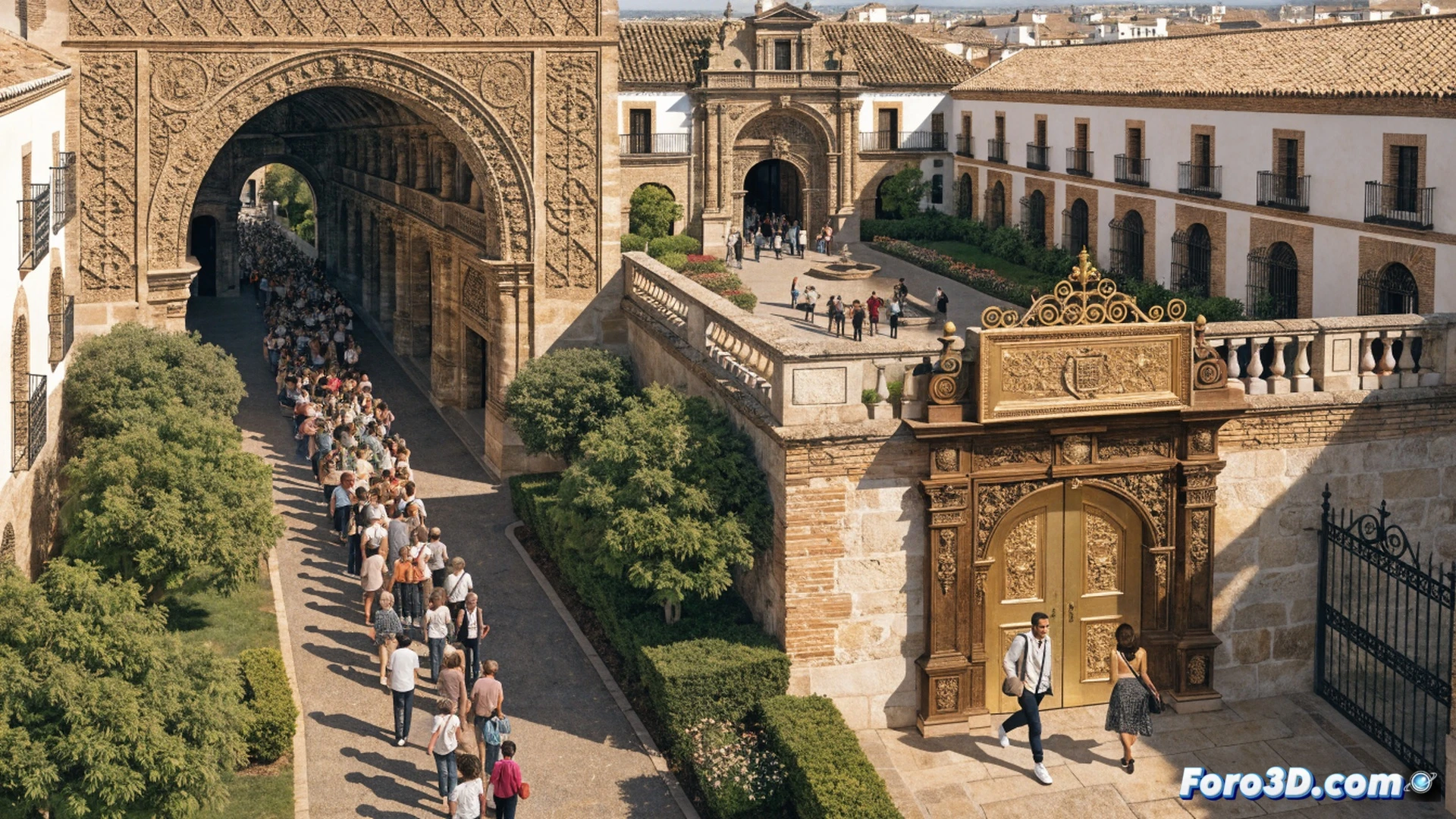 Real Alcázar stone arch entrance, Sevilla residents walking past a digital access gate with green checkmark icon, separate queue moving fast while tourist line waits behind barrier, historic arabesque tiles and orange tree in courtyard, photorealistic architectural visualization, afternoon golden sunlight casting long shadows, residents showing ID card to automated scanner, priority lane sign with city coat of arms, smooth flow of people contrasting with static tourist crowd, ultra-detailed stone textures, cinematic wide-angle shot