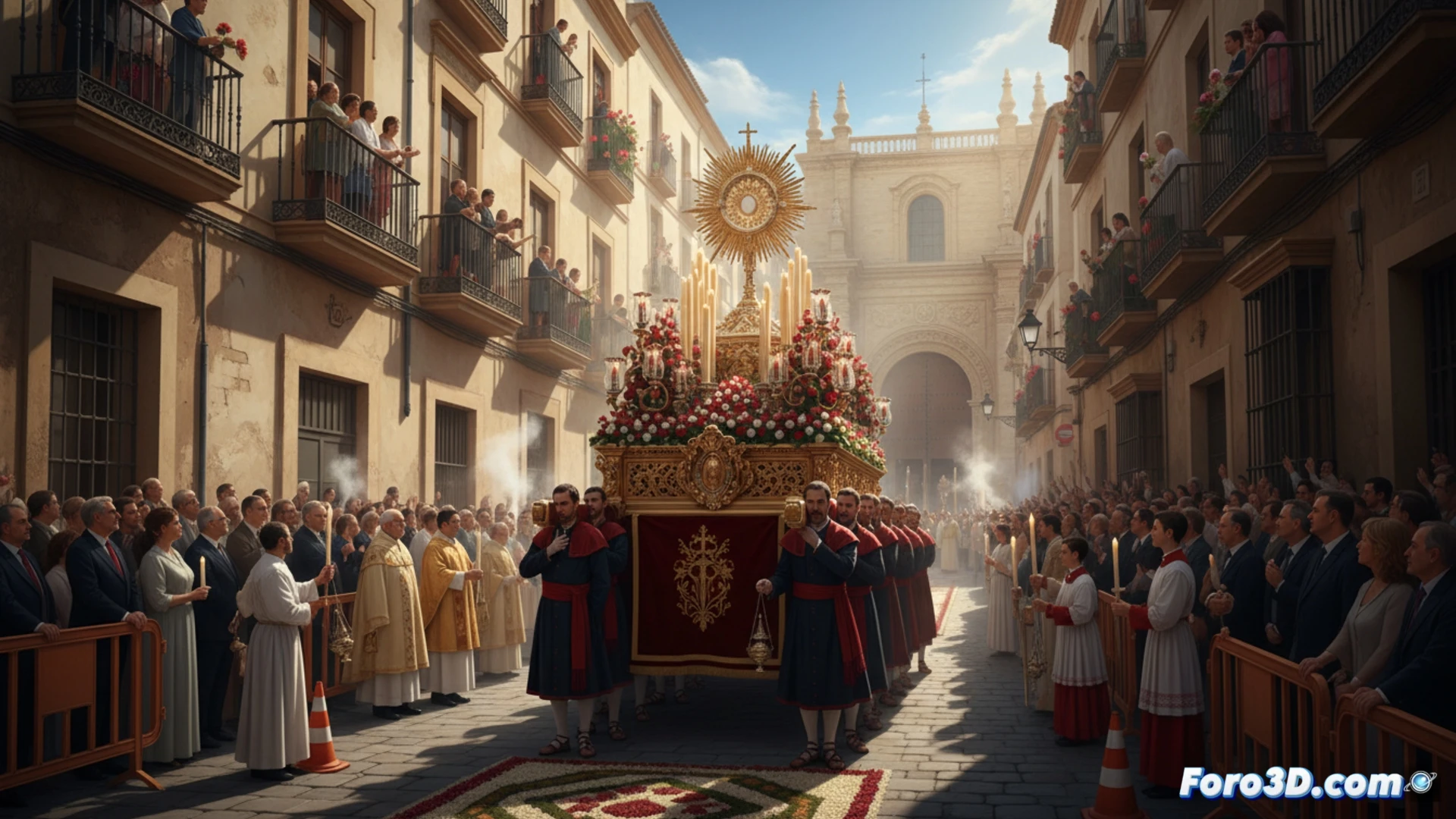 Sevilla calle empedrada procesión Corpus 2026, guía oficial desplegada sobre mesa de madera mostrando ruta con línea roja punteada y horarios, un smartphone con mapa digital junto a conos naranjas de corte de tráfico, mientras ciudadano sostiene plano señalando itinerario, ambiente cálido atardecer andaluz, bandejas de flores sobre balcón, estilo cinematic photorealistic, iluminación dorada, profundidad de campo, texturas detalladas de papel y pantalla, composición técnica informativa